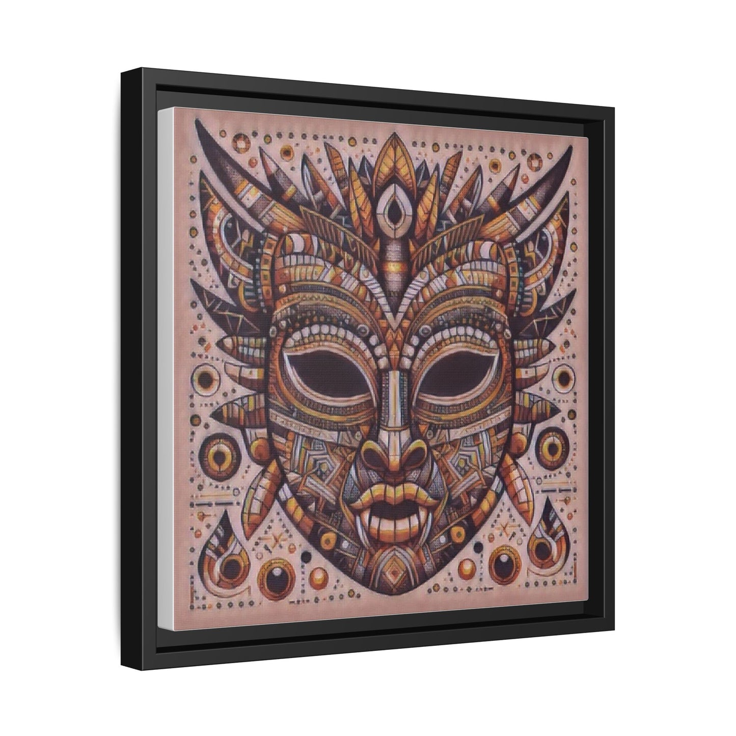 Tribal Mask Framed Canvas Art — Multicolor Matte Wall Decor