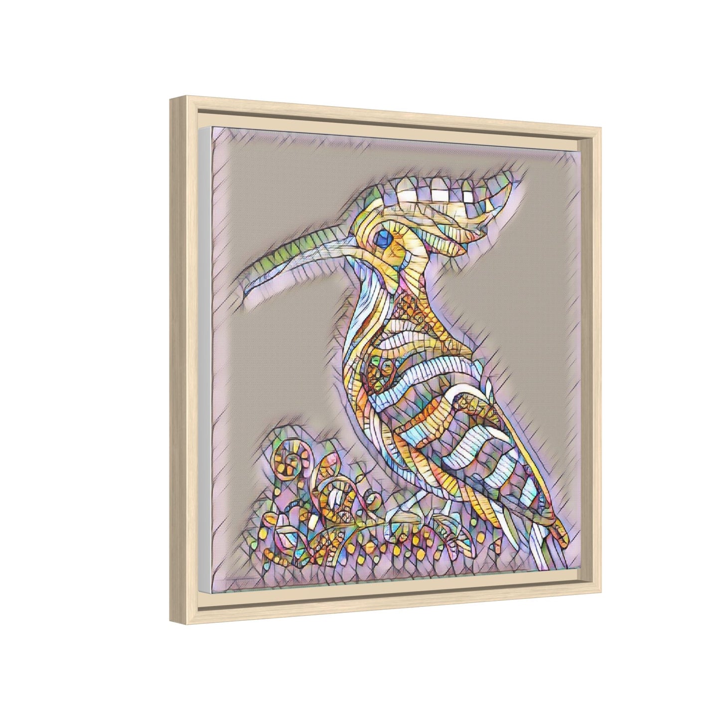 Colorful Mosaic Bird Framed Canvas Art — Whimsical Hoopoe Wall Decor