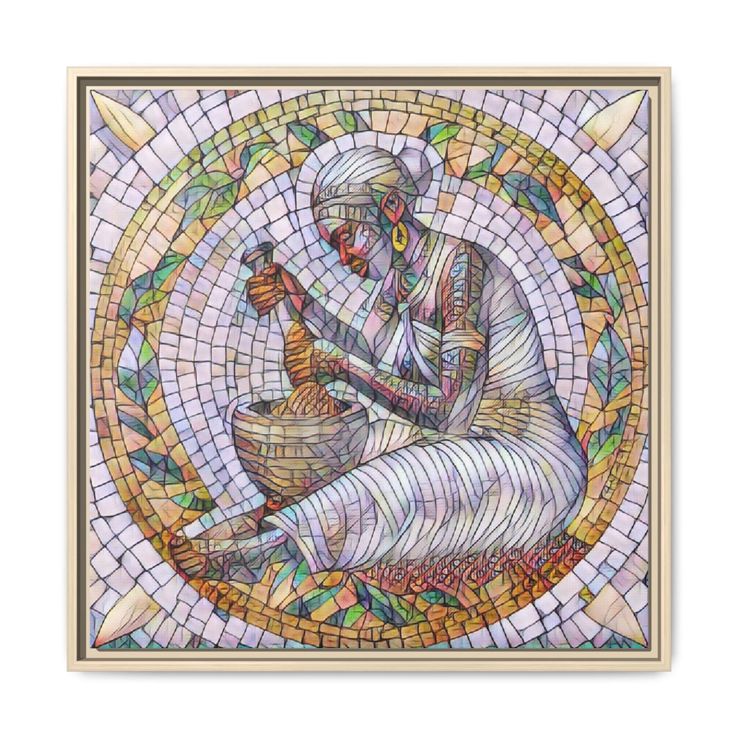 Framed Mosaic Art Print — Woman Grinding Grain (Matte Canvas)