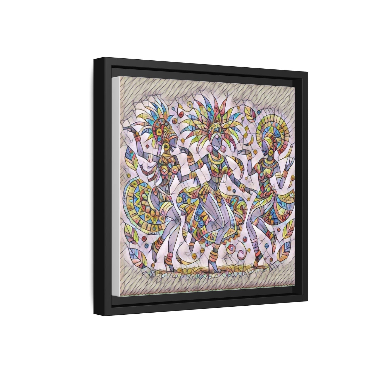 Colorful Carnival Dancers Framed Canvas Art — Multicolor Tribal Celebration Print