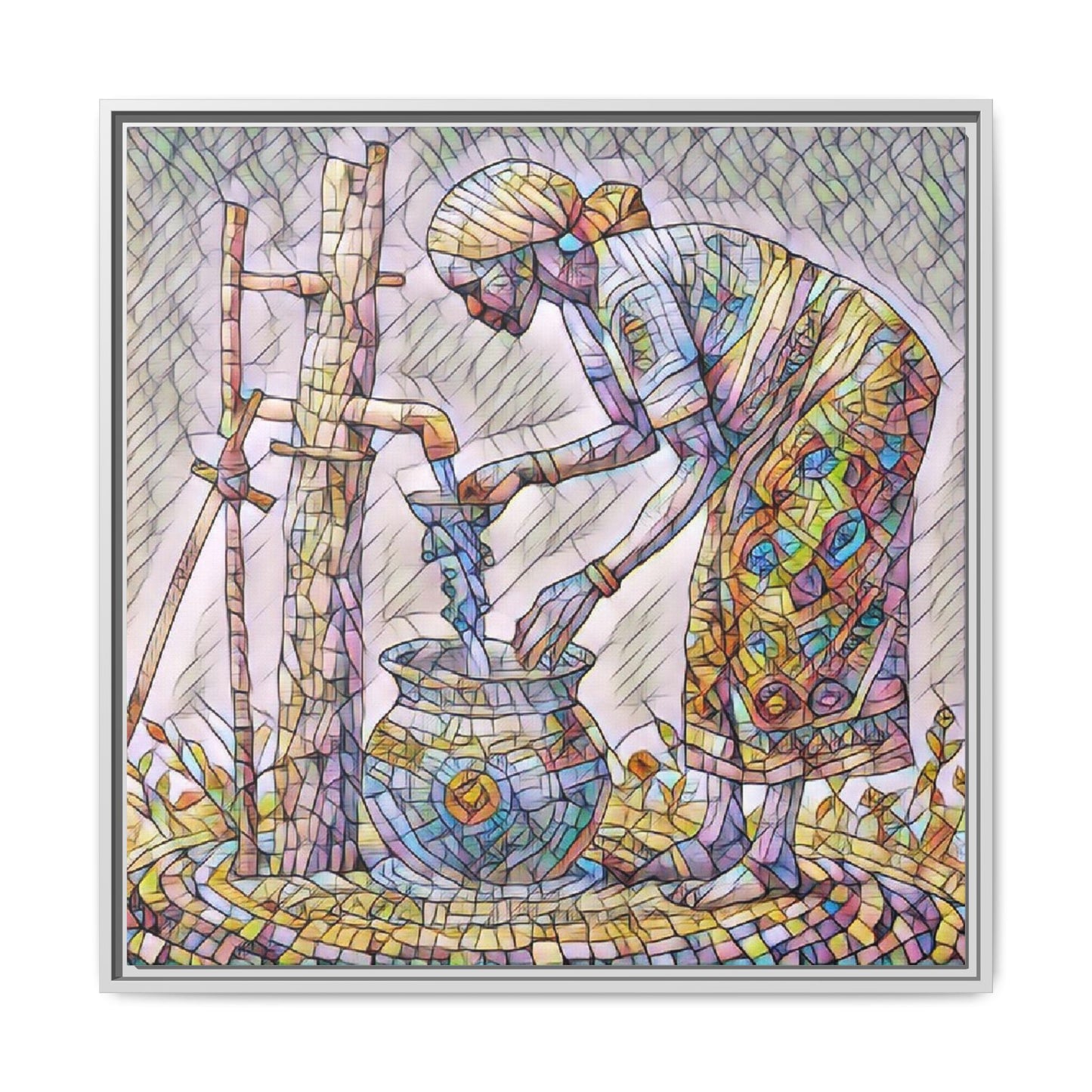 Framed Matte Canvas Art — Colorful Mosaic Woman at Well