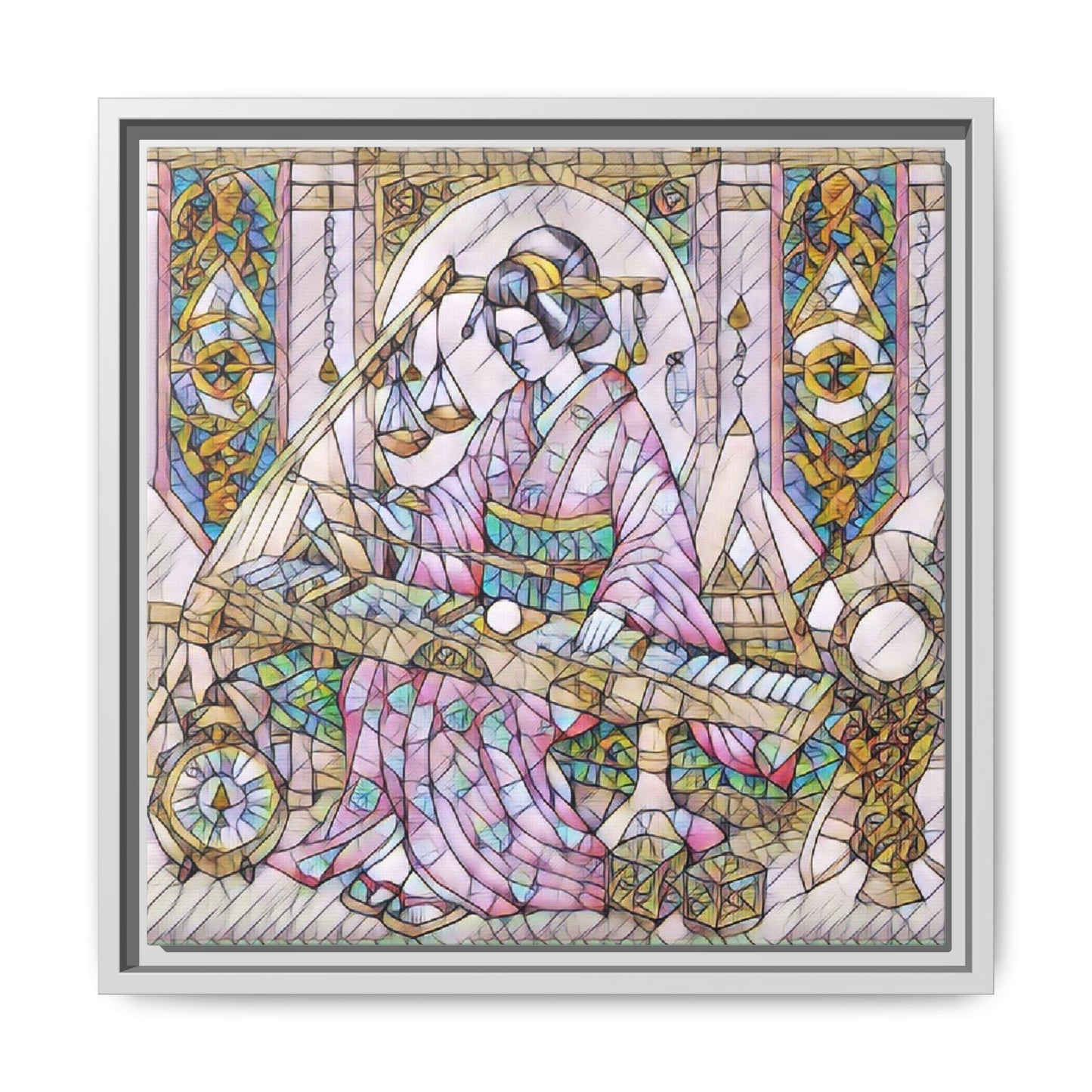 Framed Matte Canvas — Geisha Harp Stained-Glass Art Print