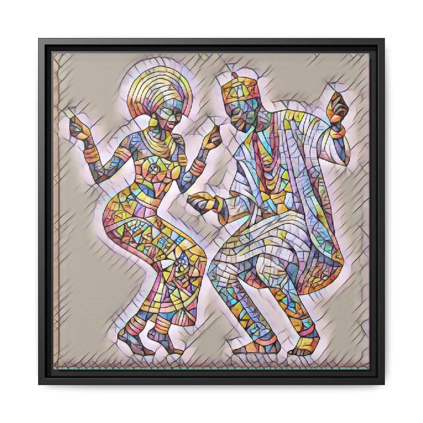 Afrobeat Dancers Framed Canvas Art — Colorful Mosaic African Dance Print