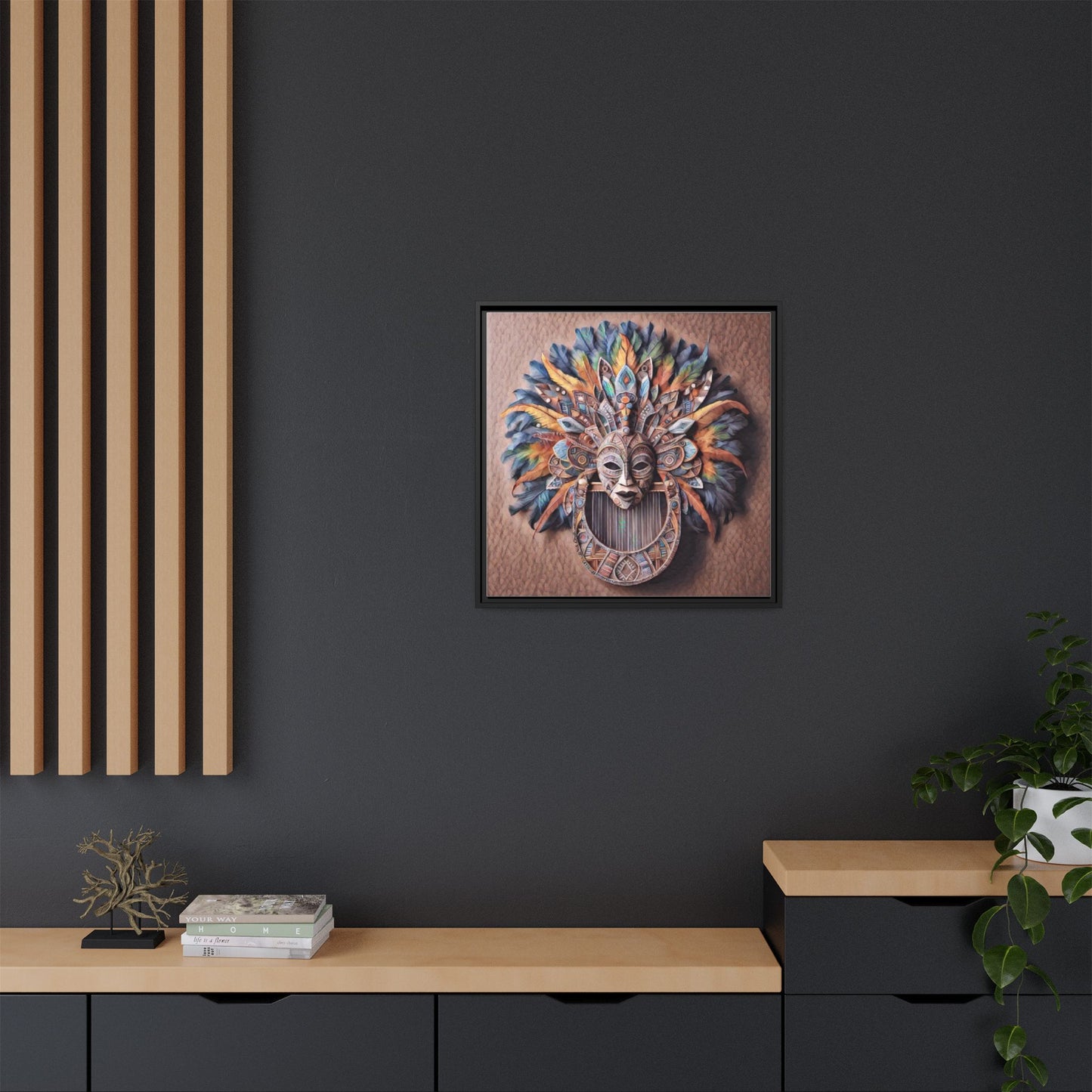 Tribal Feather Mask Framed Canvas Wall Art — Colorful Boho Decorative Print