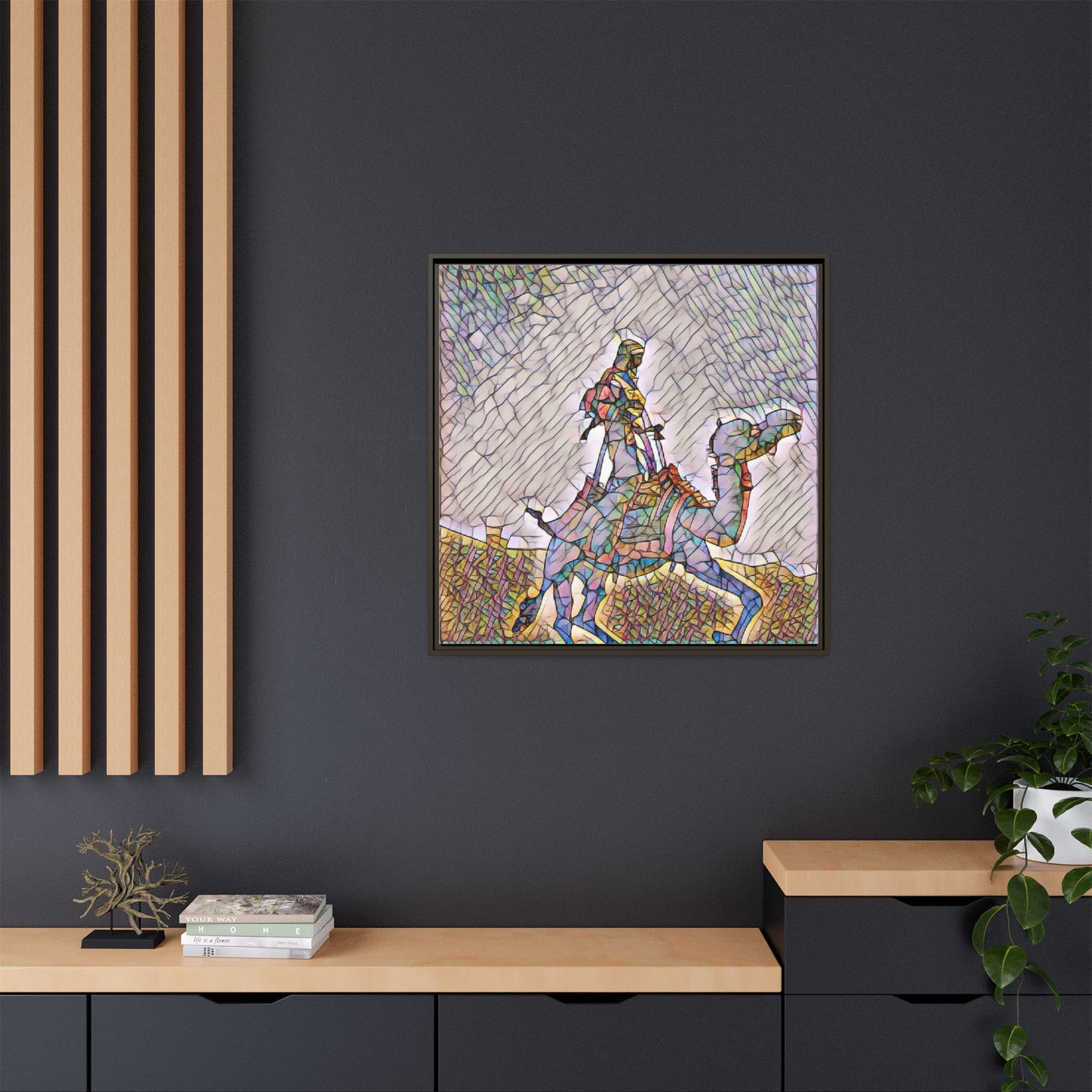 Framed Camel Rider Matte Canvas Art — Colorful Mosaic Desert Wall Decor