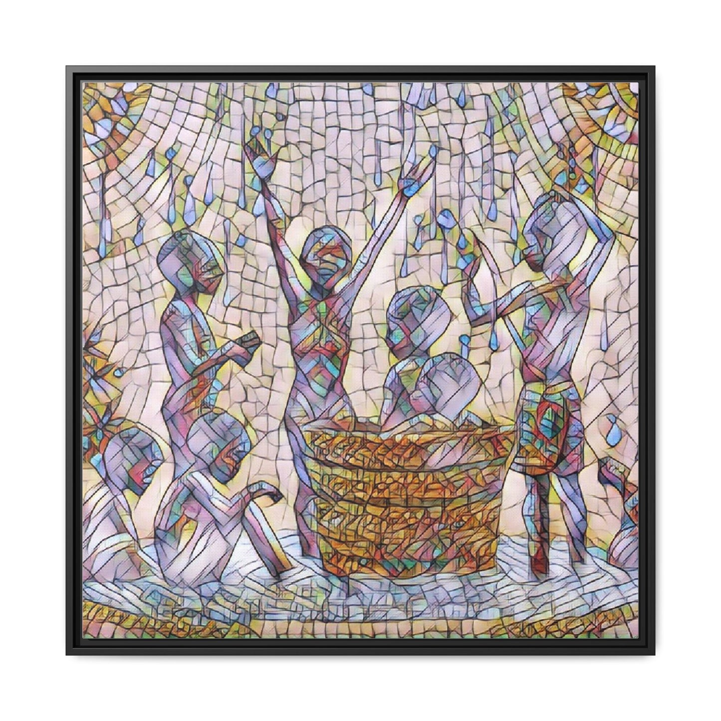 Framed Matte Canvas Art — Children Playing Mosaic Illustration