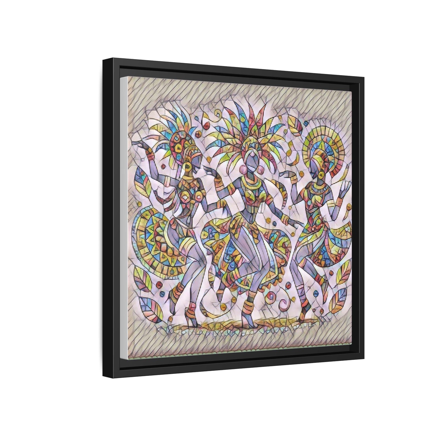 Colorful Carnival Dancers Framed Canvas Art — Multicolor Tribal Celebration Print