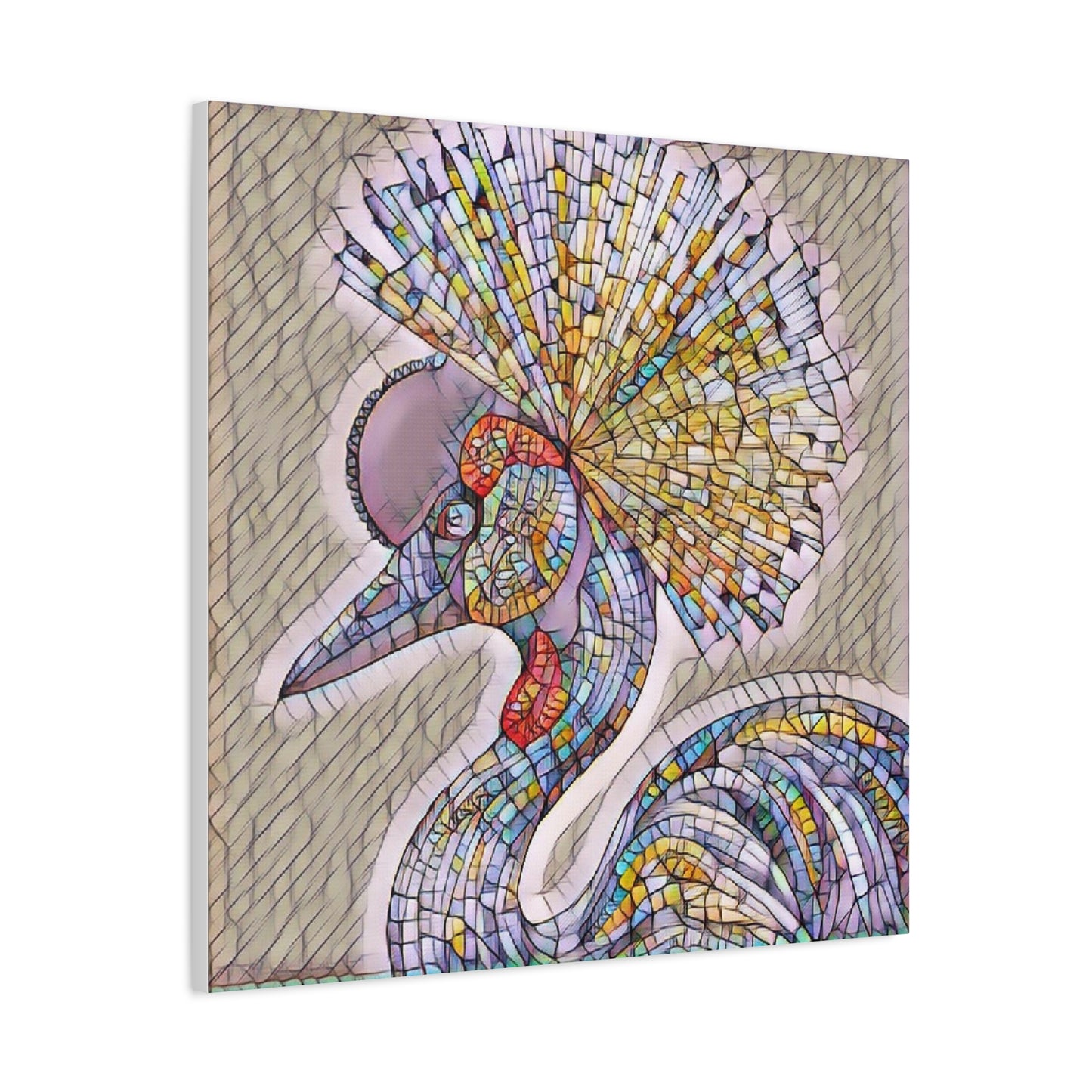 Colorful Mosaic Crowned Crane Canvas Wall Art — Stretched Matte Print
