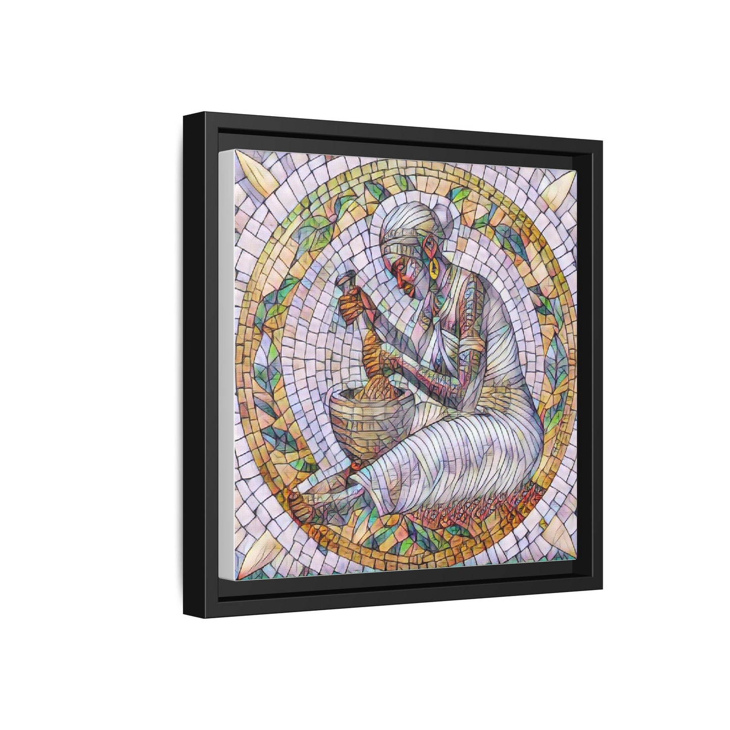 Framed Mosaic Art Print — Woman Grinding Grain (Matte Canvas)