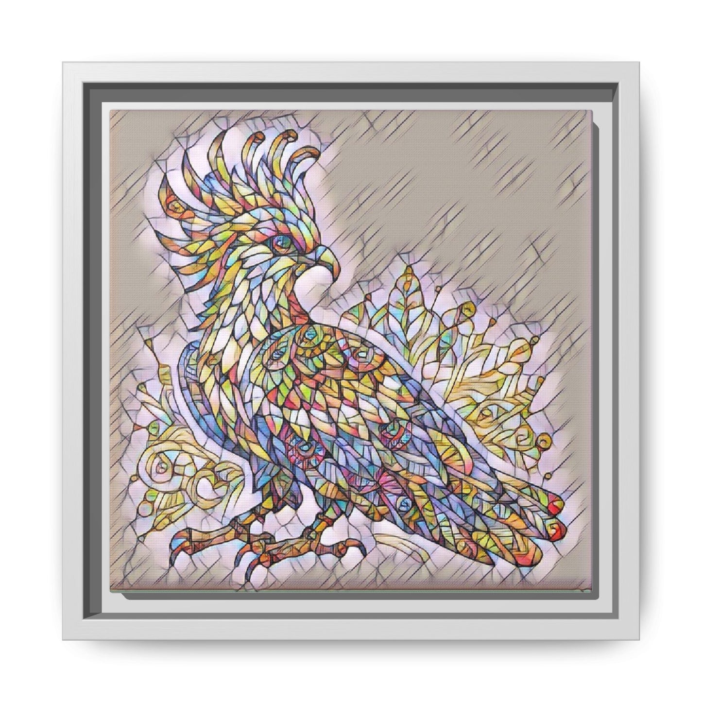 Colorful Stained-Glass Cockatoo Matte Framed Canvas