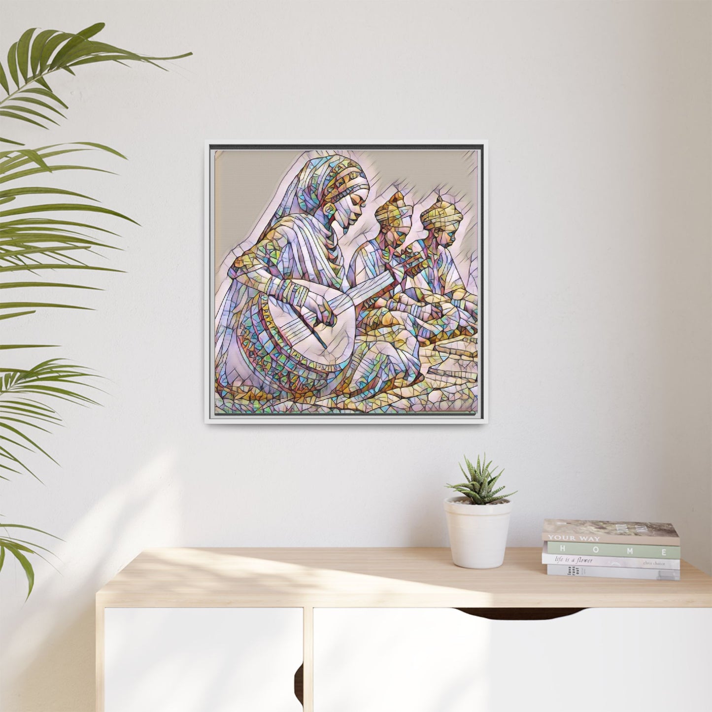 Framed Matte Canvas: Colorful Moroccan Musicians Wall Art