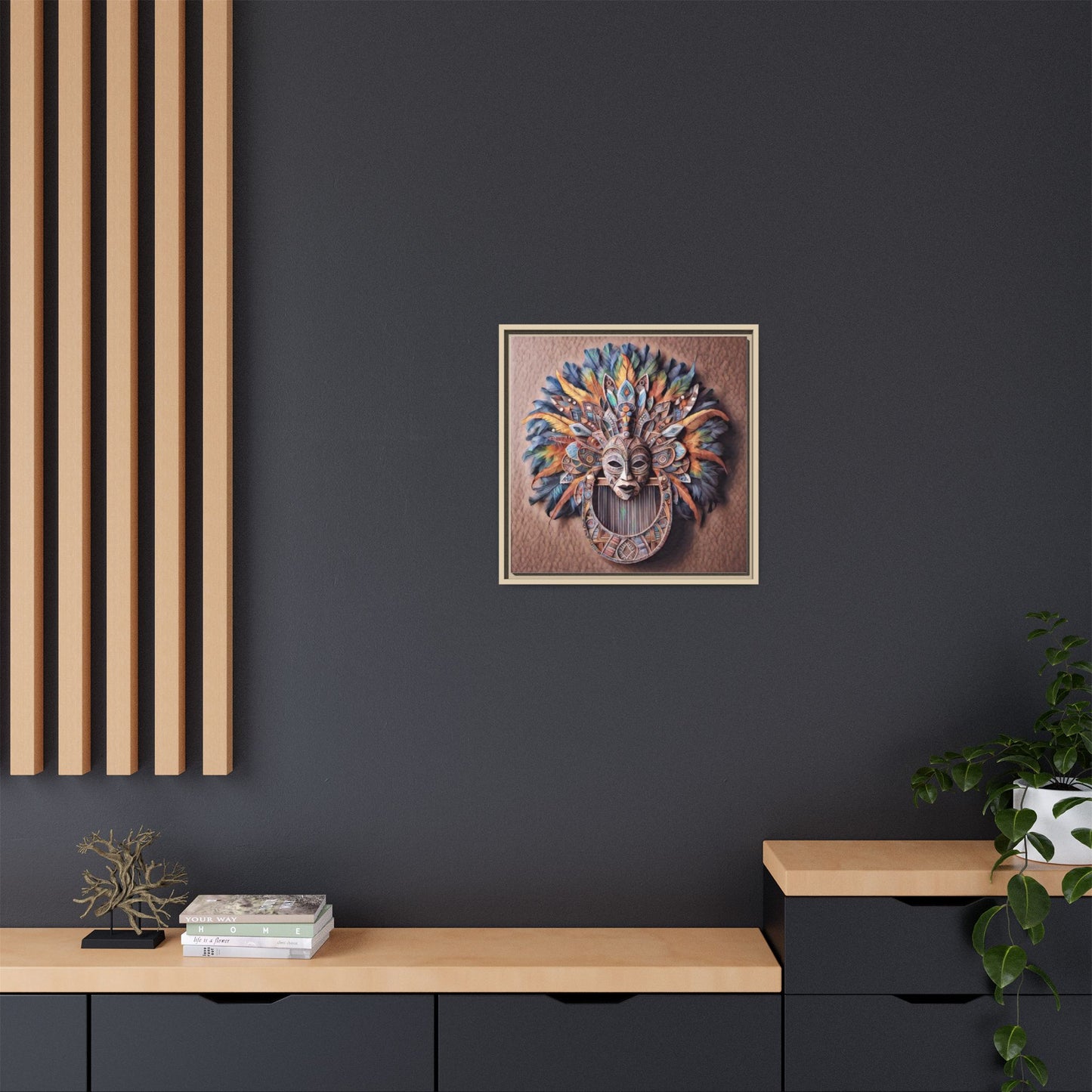 Tribal Feather Mask Framed Canvas Wall Art — Colorful Boho Decorative Print