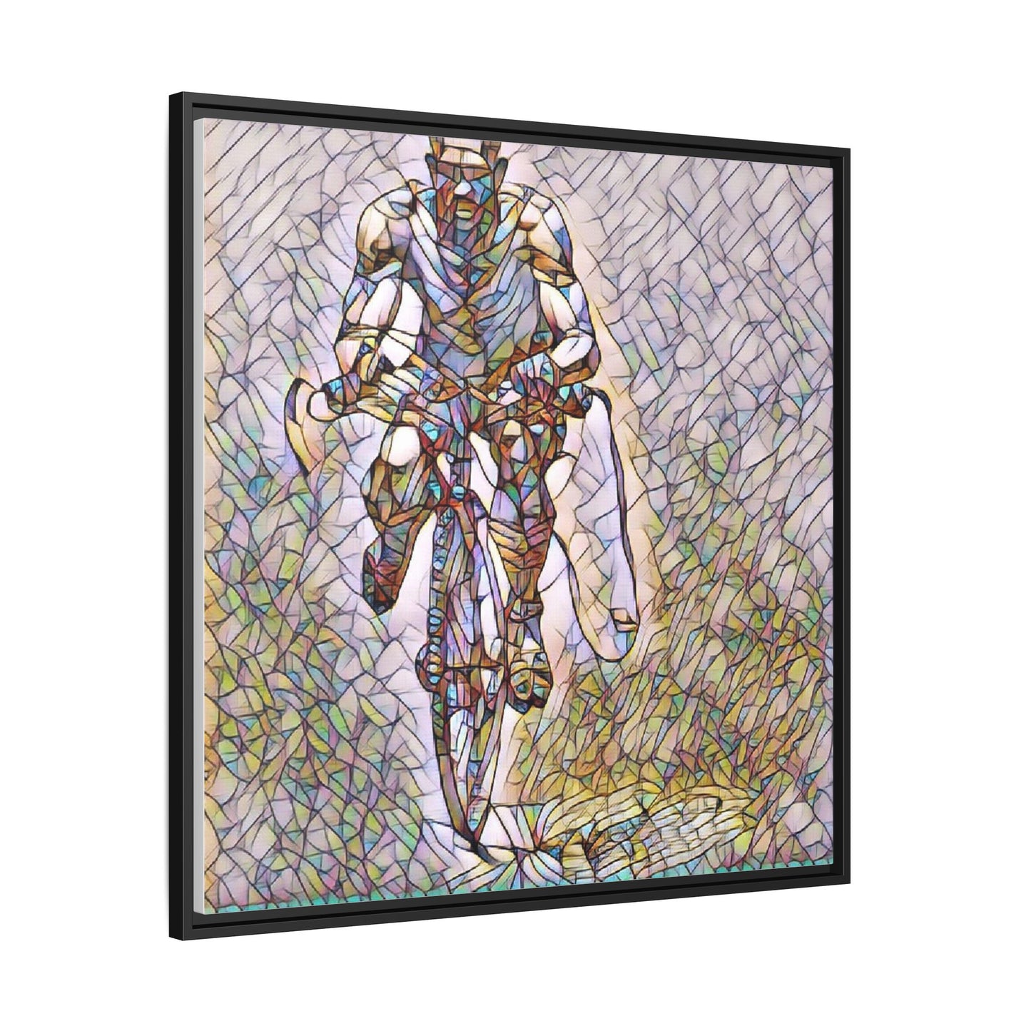 Cyclist Art Print — Framed Matte Canvas Wall Art (Multicolor Stained-Glass Style)