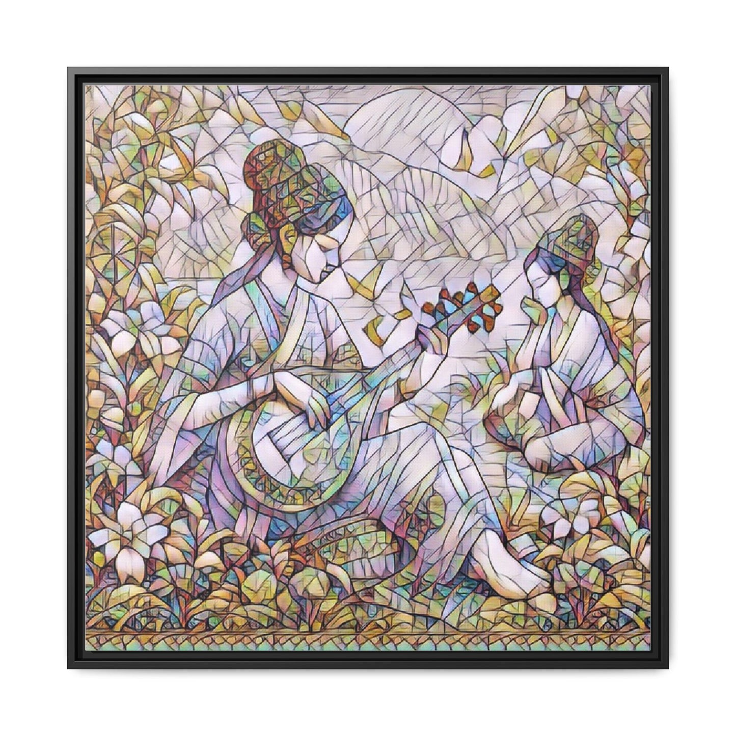 Framed Matte Canvas Art - Vintage Asian Musicians Floral Illustration
