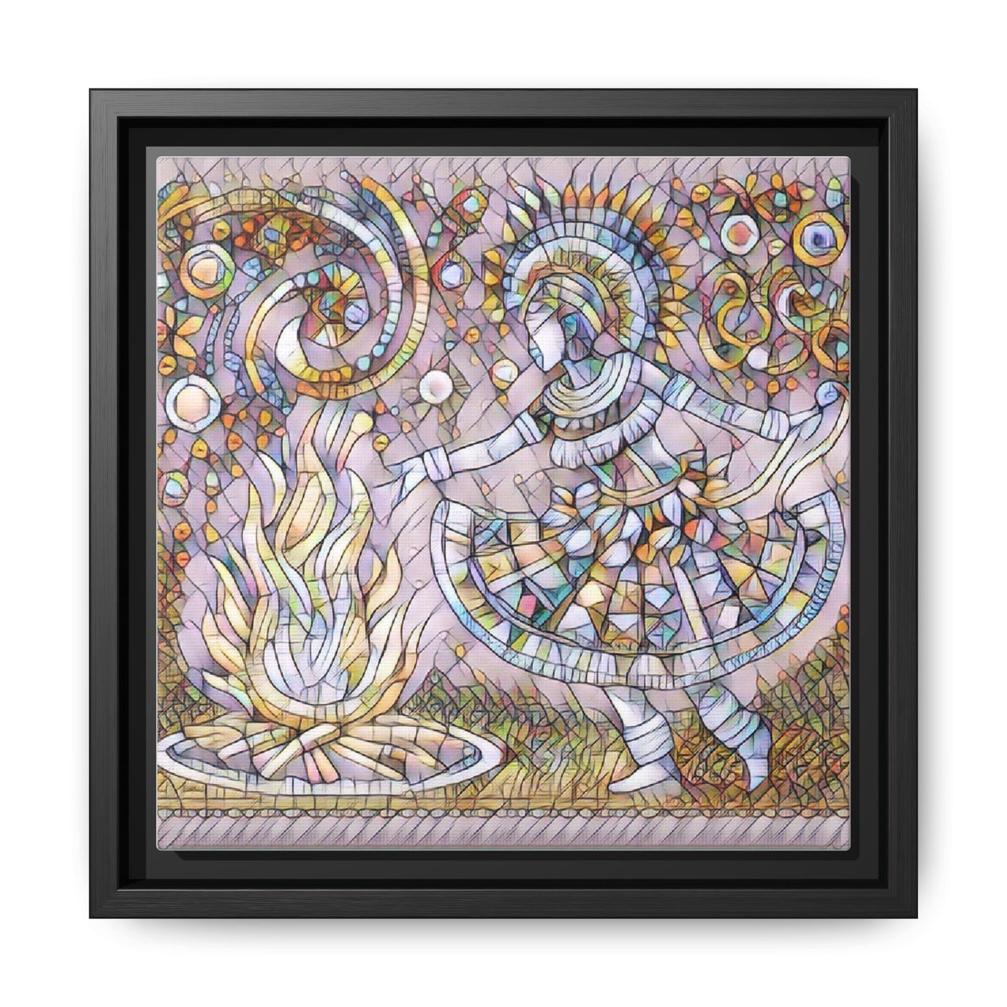Bohemian Fire Dancer Framed Canvas Art — Colorful Folk Mosaic Wall Decor