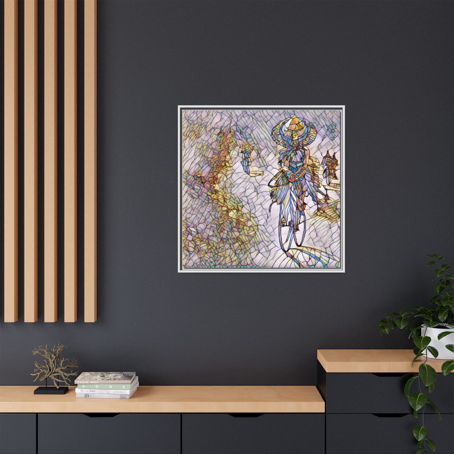 Abstract Cyclist Stained-Glass Art Print — Framed Matte Canvas