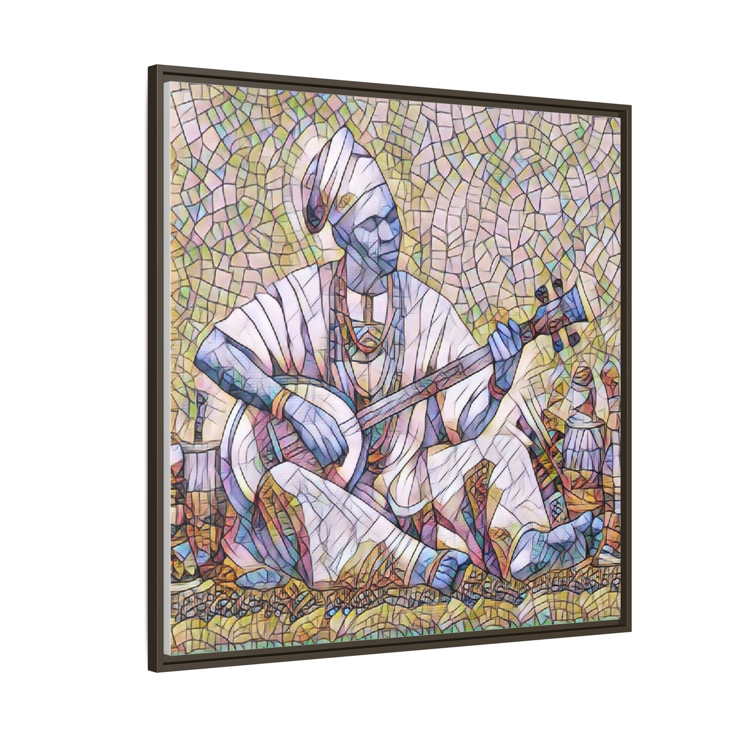 Framed Mosaic Musician Canvas Art — African Griot with Kora