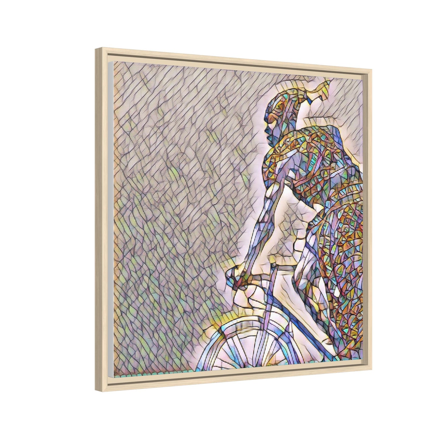 Cyclist Mosaic Matte Canvas Print — Framed Multicolor Bike Art
