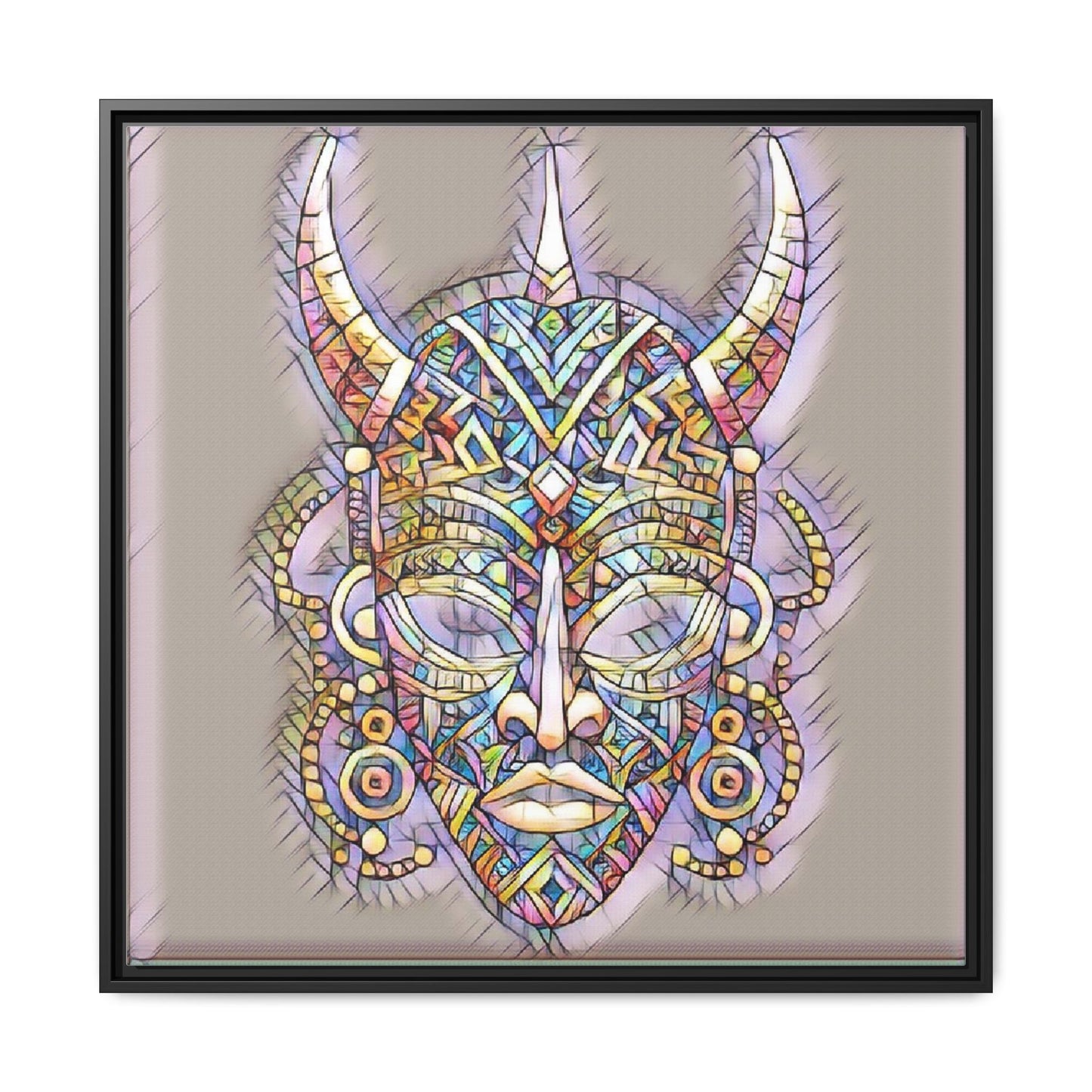 Colorful Tribal Mask Framed Canvas Art — Abstract Ethnic Wall Decor