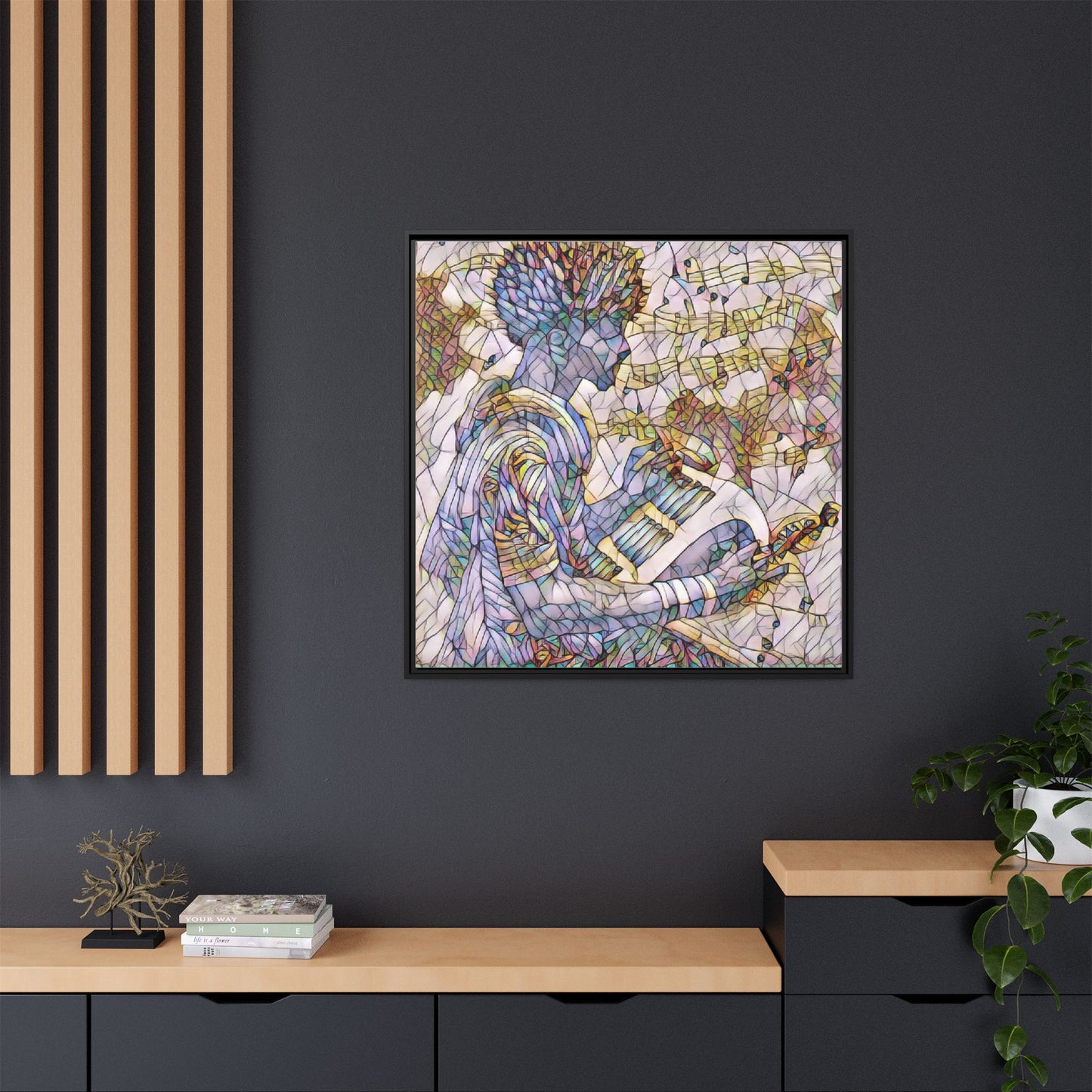 Abstract Jazz Musician Framed Canvas Art — Colorful Stained-Glass Style Wall Decor