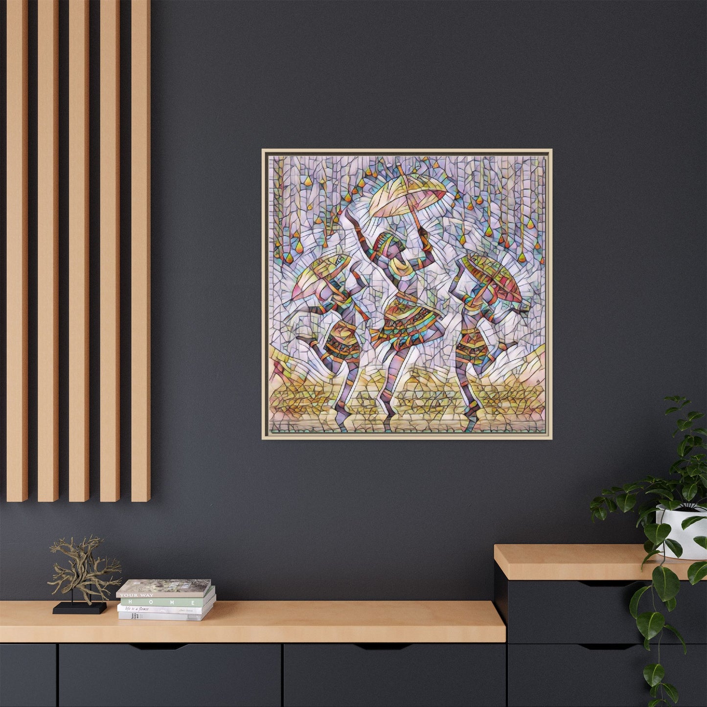 Colorful African Dance Framed Canvas Art — Umbrella Dancers Wall Decor