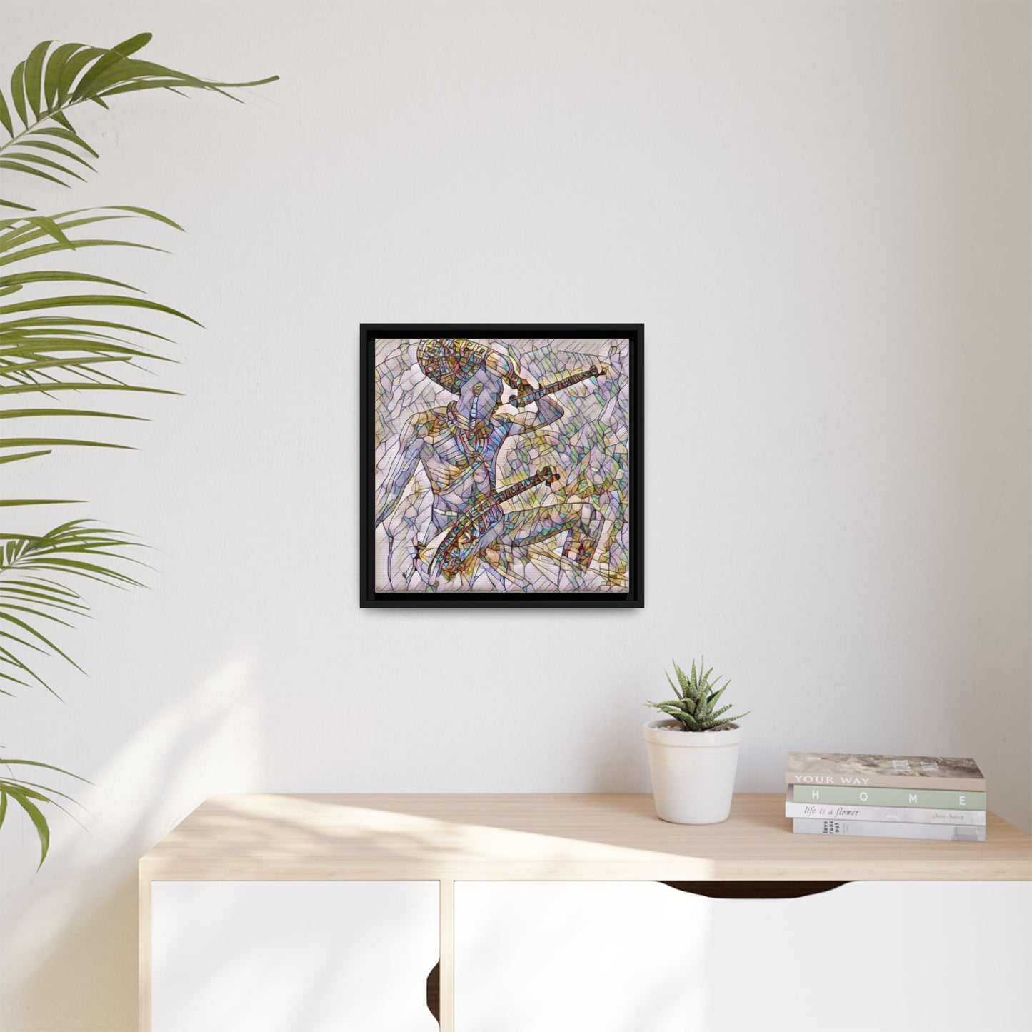 Stained Glass Blue Musician — Framed Matte Canvas Art