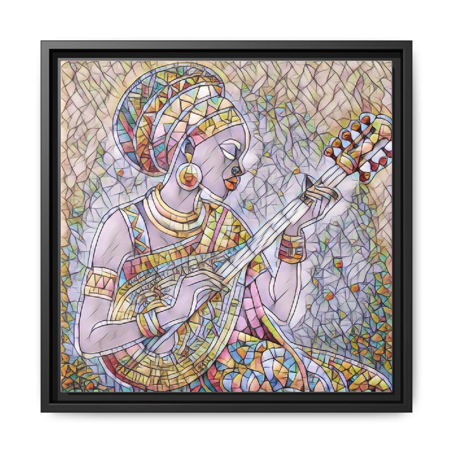 Framed Canvas Art — Colorful African Woman Playing Lute (Matte Multi‑Color)