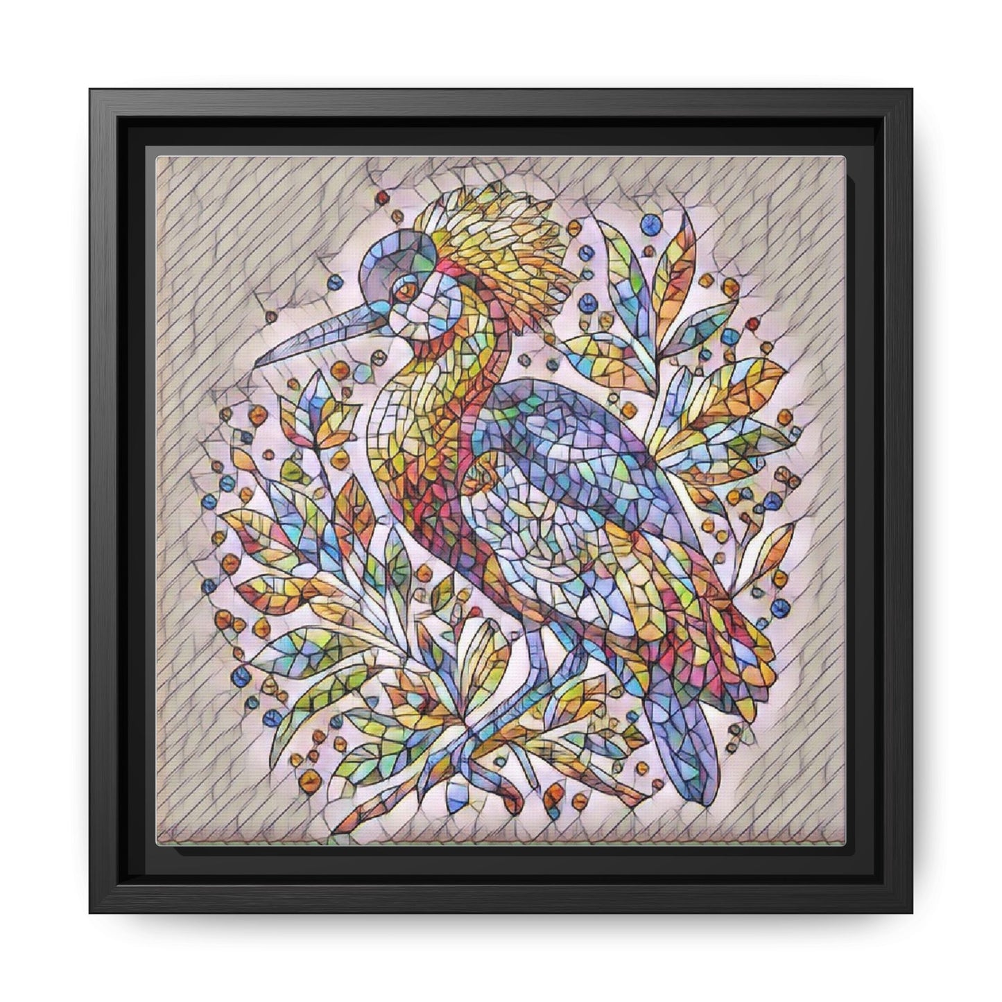 Colorful Stained-Glass Heron — Framed Matte Canvas Wall Art