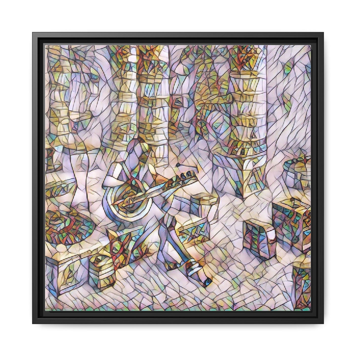 Framed Matte Canvas Art - Abstract Guitarist in Colorful Mosaic
