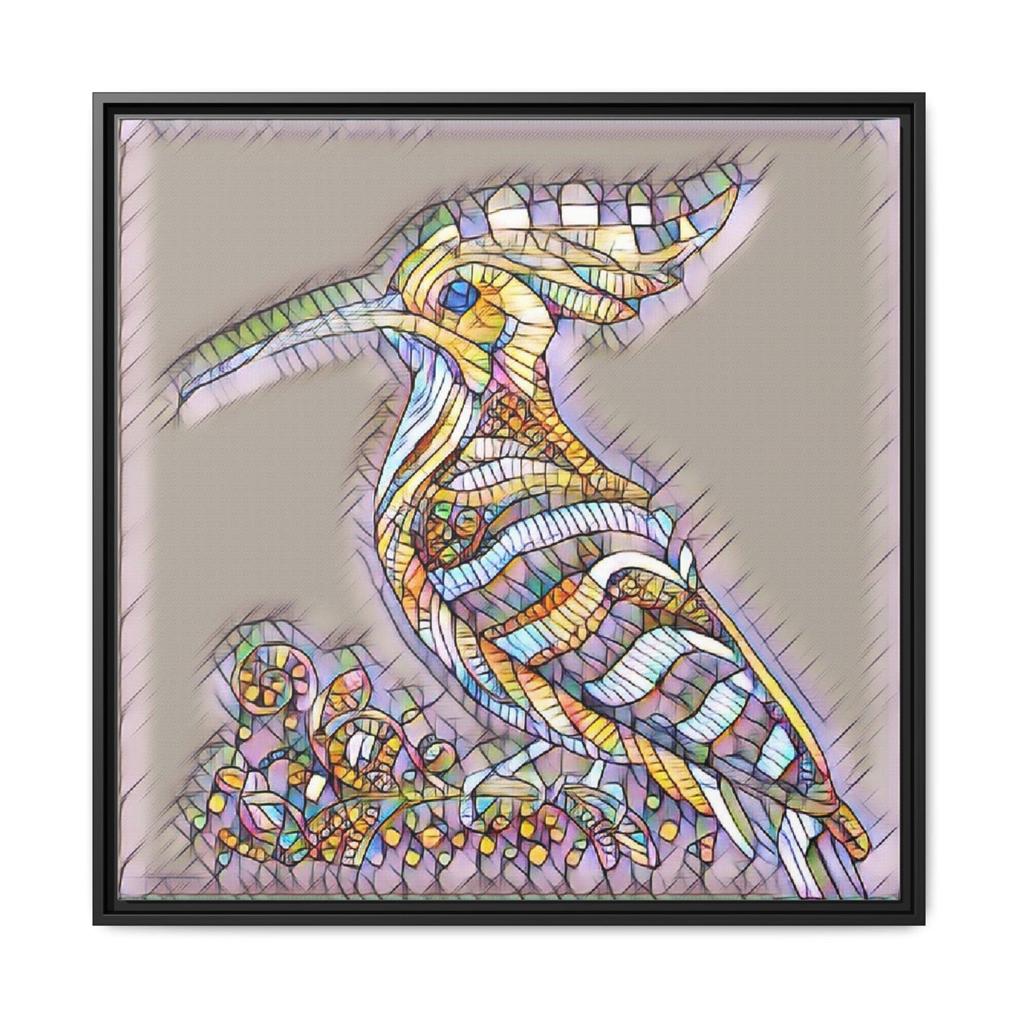 Colorful Mosaic Bird Framed Canvas Art — Whimsical Hoopoe Wall Decor