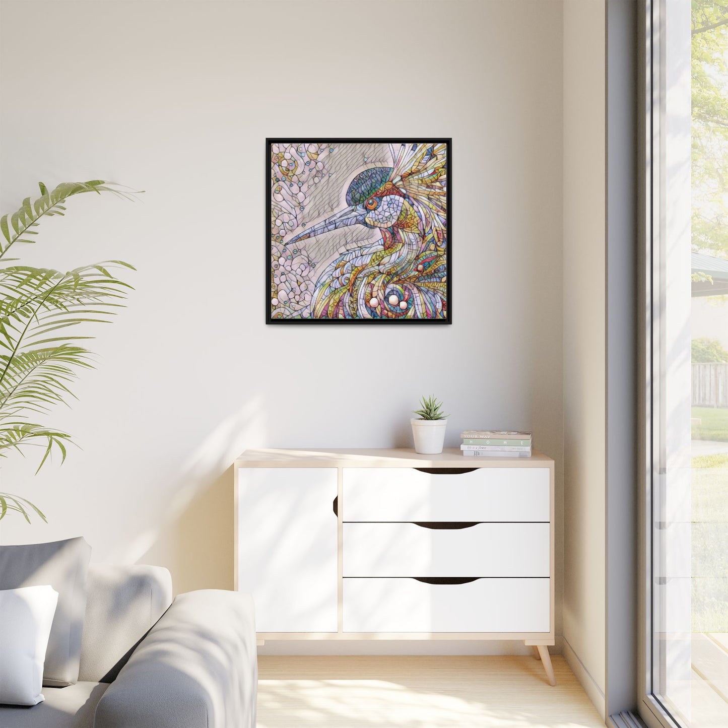 Colorful Stained-Glass Heron Matte Canvas Framed Wall Art