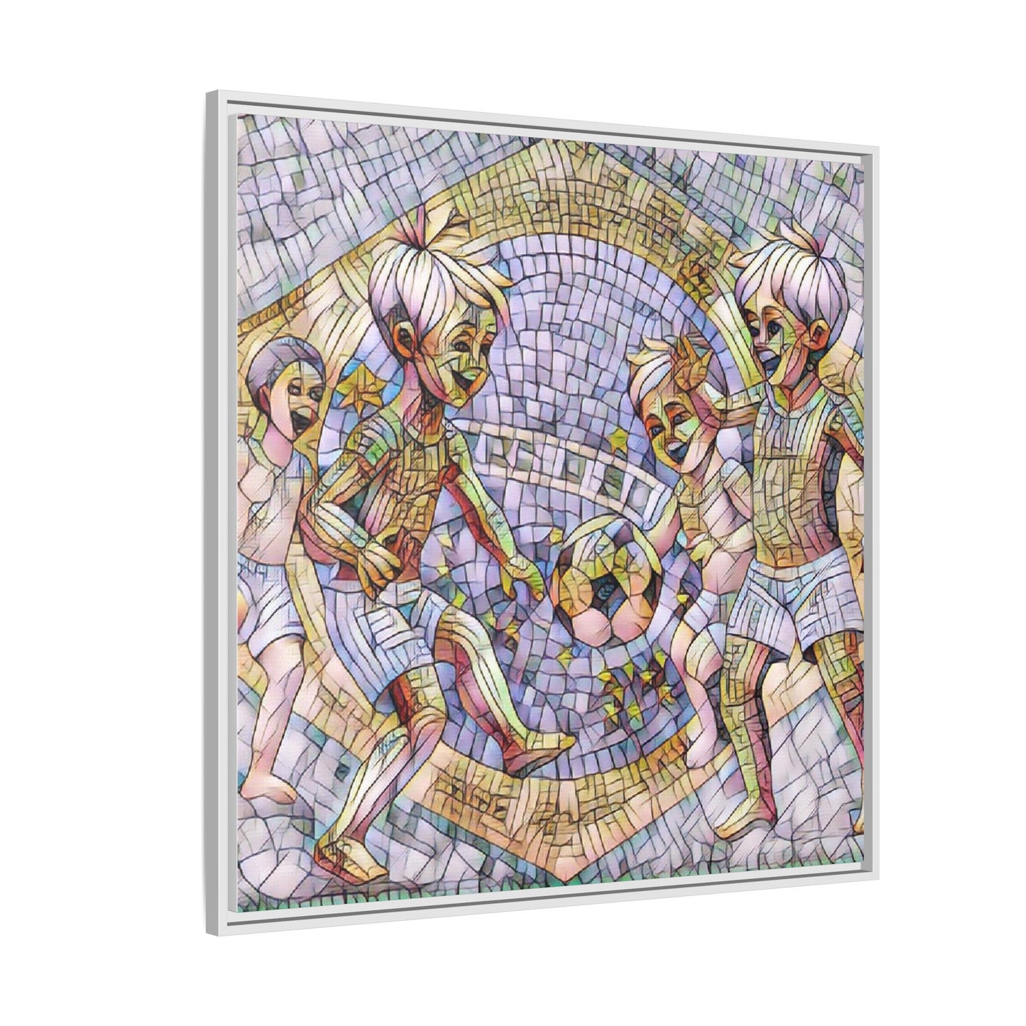 Framed Matte Canvas – Vintage Mosaic Kids Playing Soccer Art
