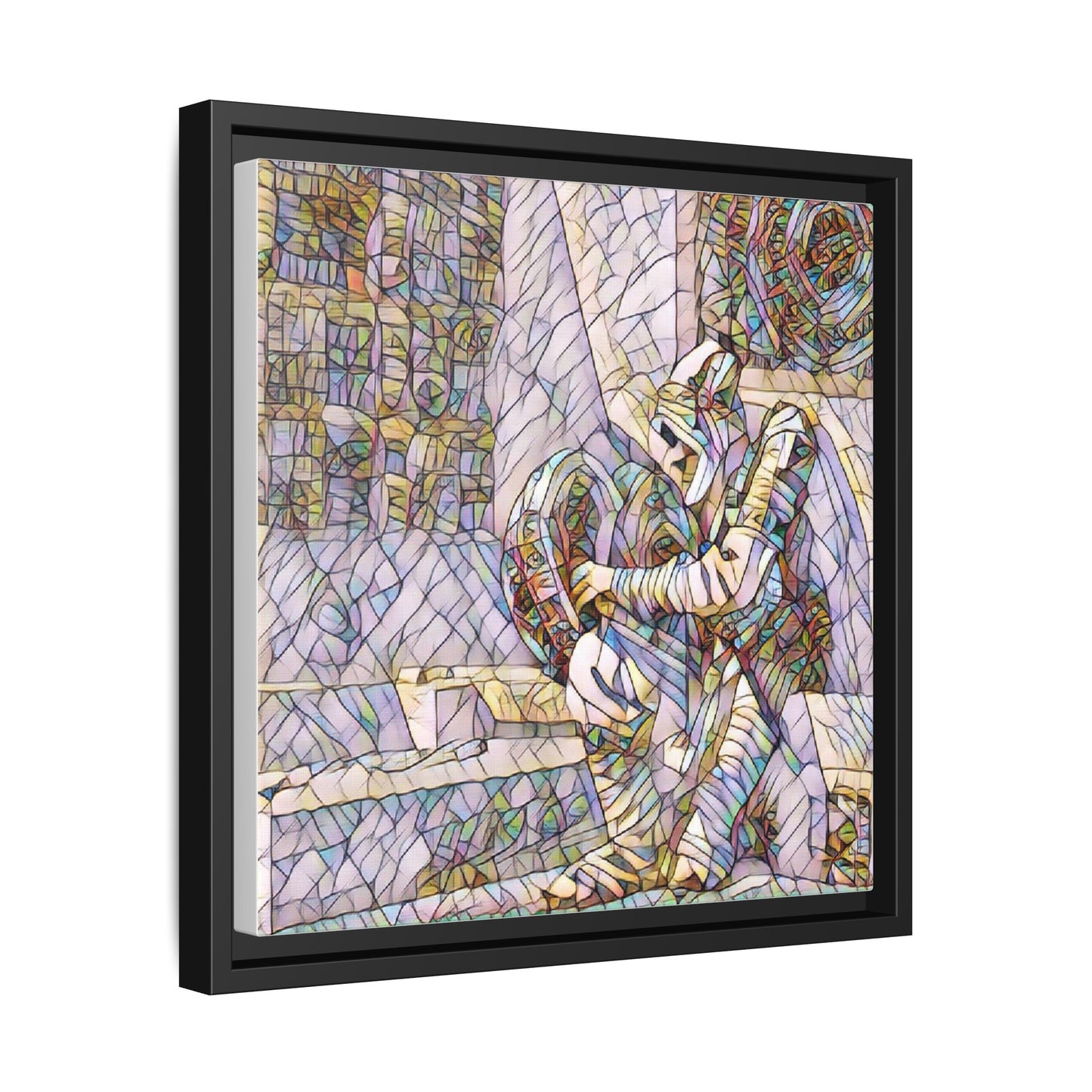 Framed Matte Canvas Art — Colorful Stained-Glass Astronaut Embrace