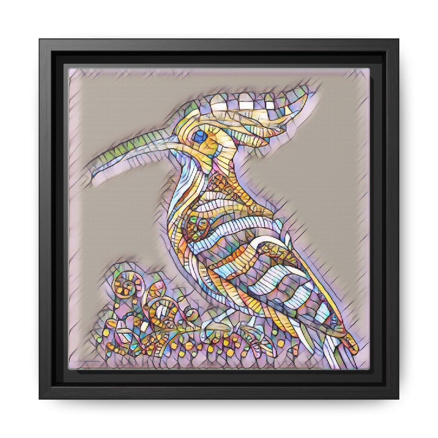 Colorful Mosaic Bird Framed Canvas Art — Whimsical Hoopoe Wall Decor