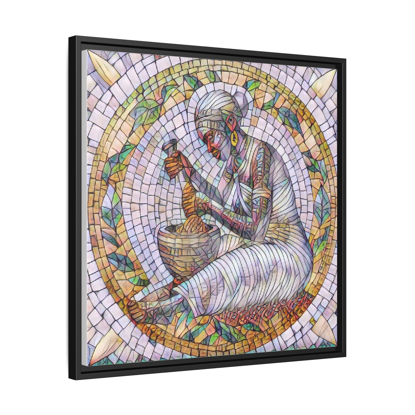 Framed Mosaic Art Print — Woman Grinding Grain (Matte Canvas)