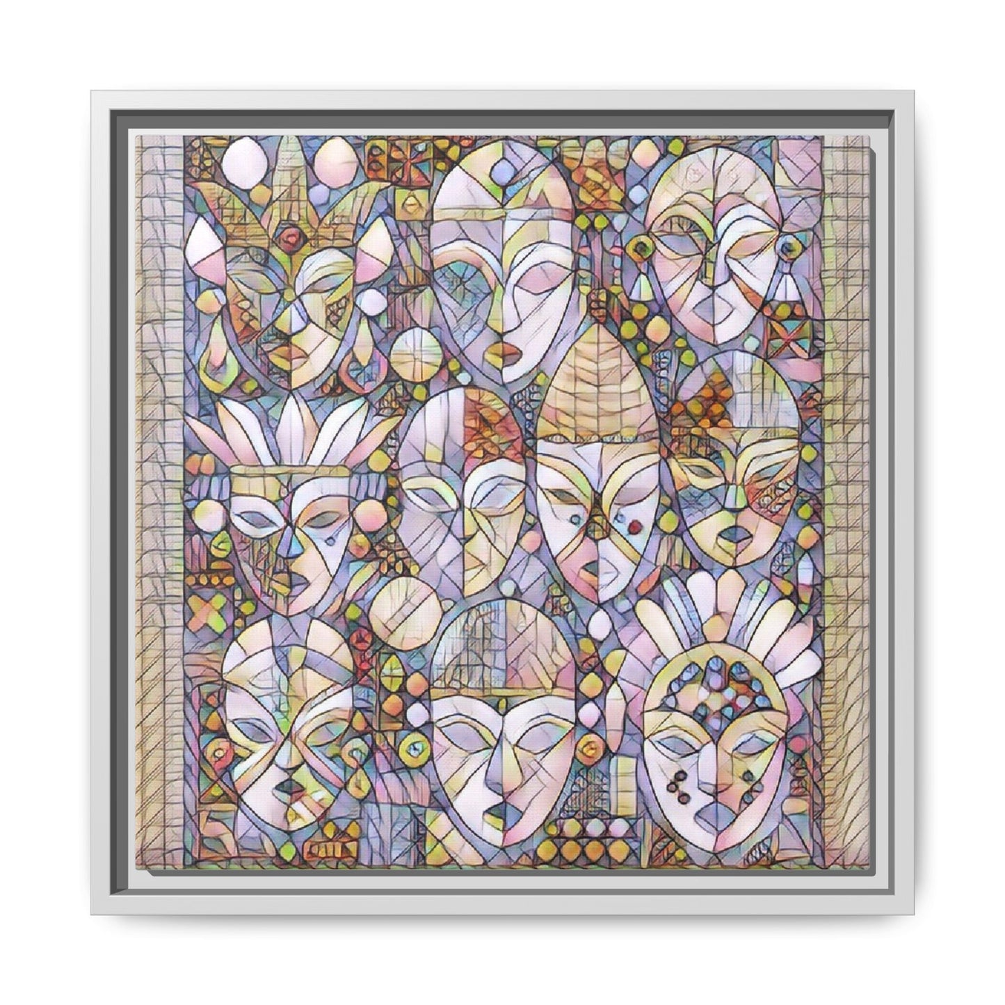 Framed Abstract Mask Art Canvas — Multicolor Stained-Glass Faces Wall Decor
