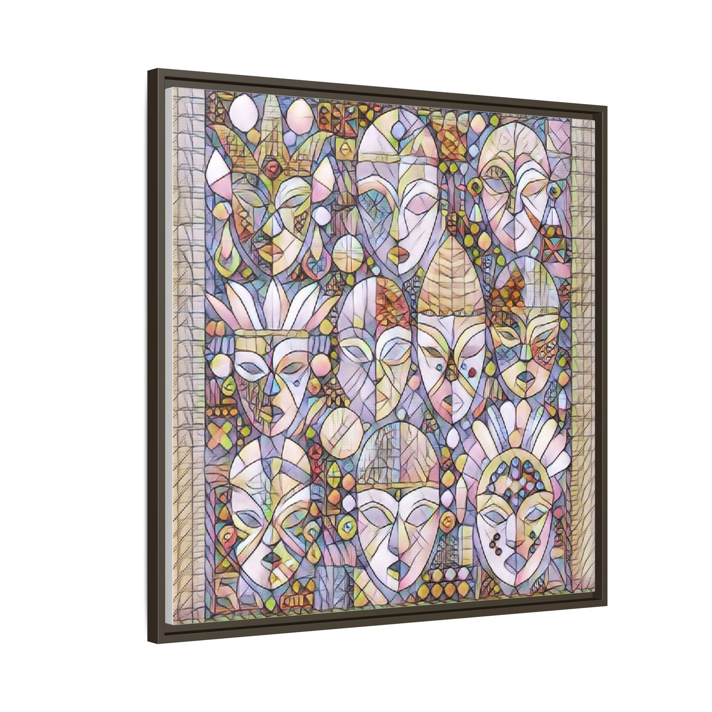 Framed Abstract Mask Art Canvas — Multicolor Stained-Glass Faces Wall Decor