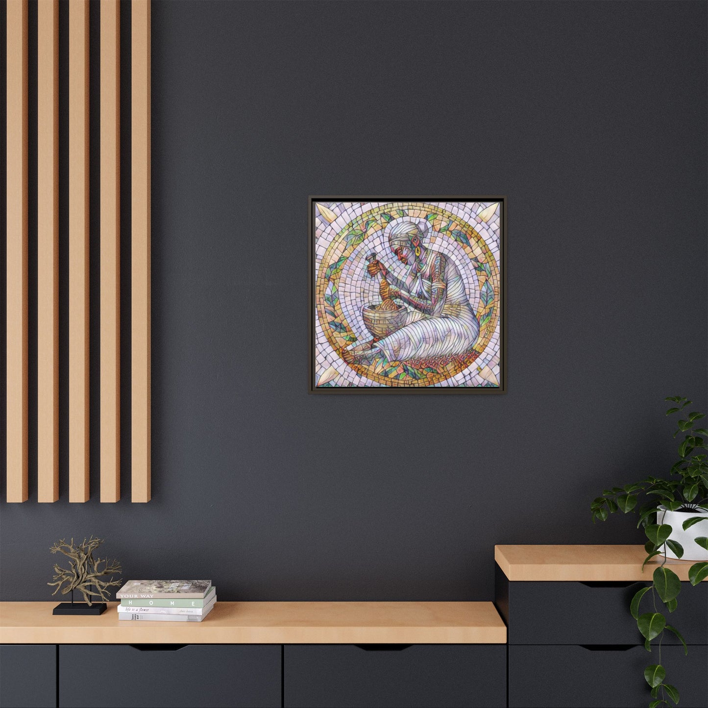 Framed Mosaic Art Print — Woman Grinding Grain (Matte Canvas)