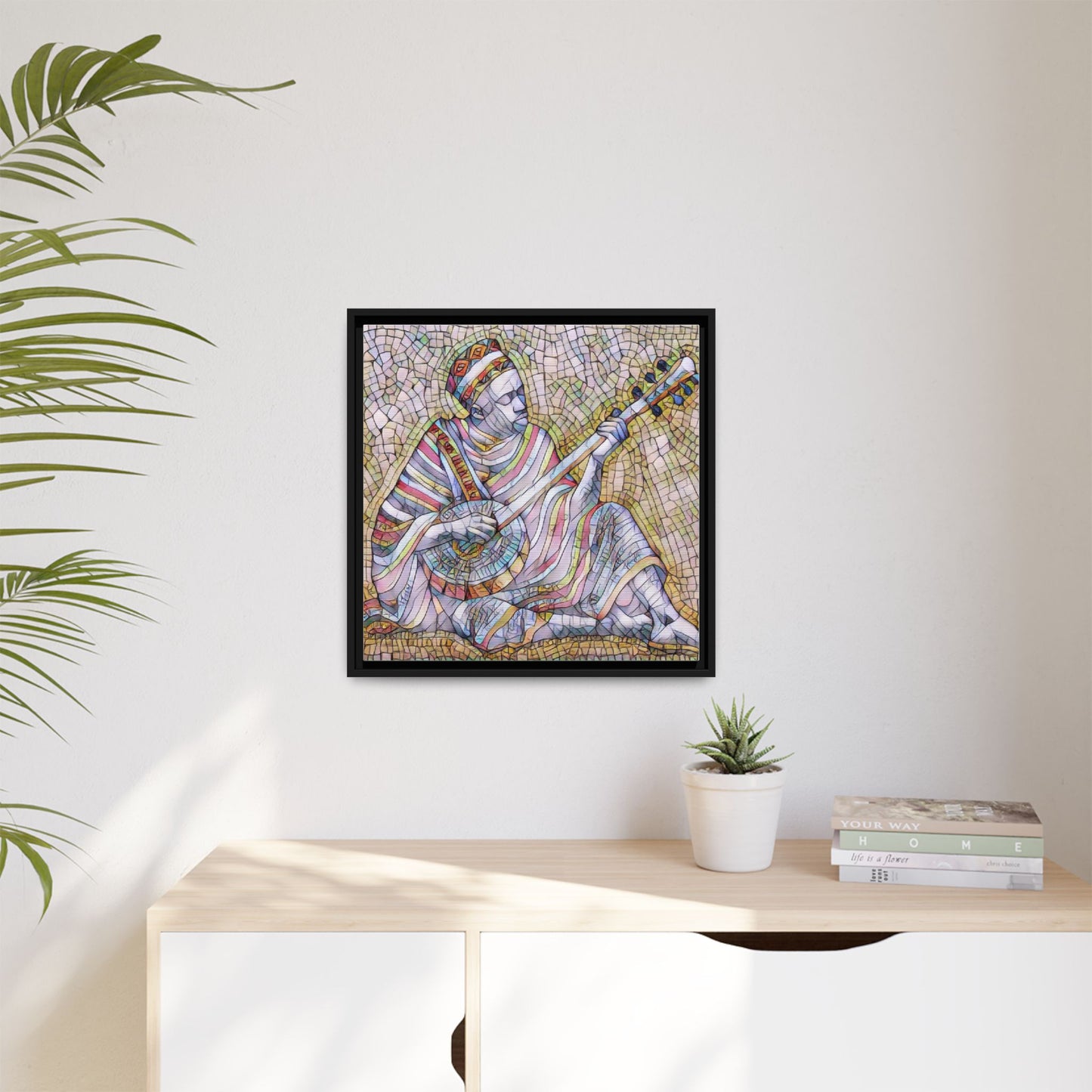 Framed Mosaic Musician Canvas – Colorful Bohemian Wall Art