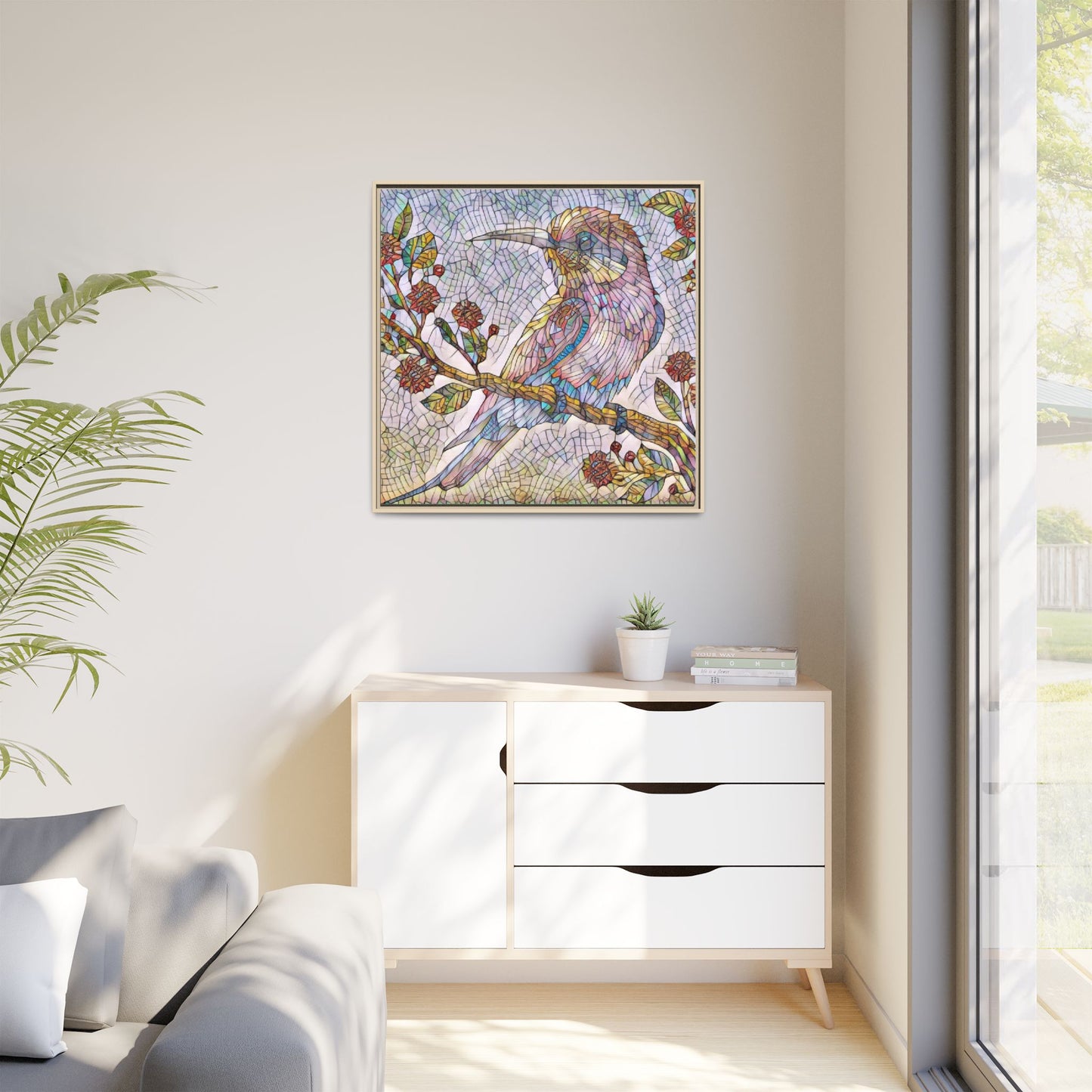 Framed Mosaic Bird Art Print — Colorful Kookaburra Wall Canvas