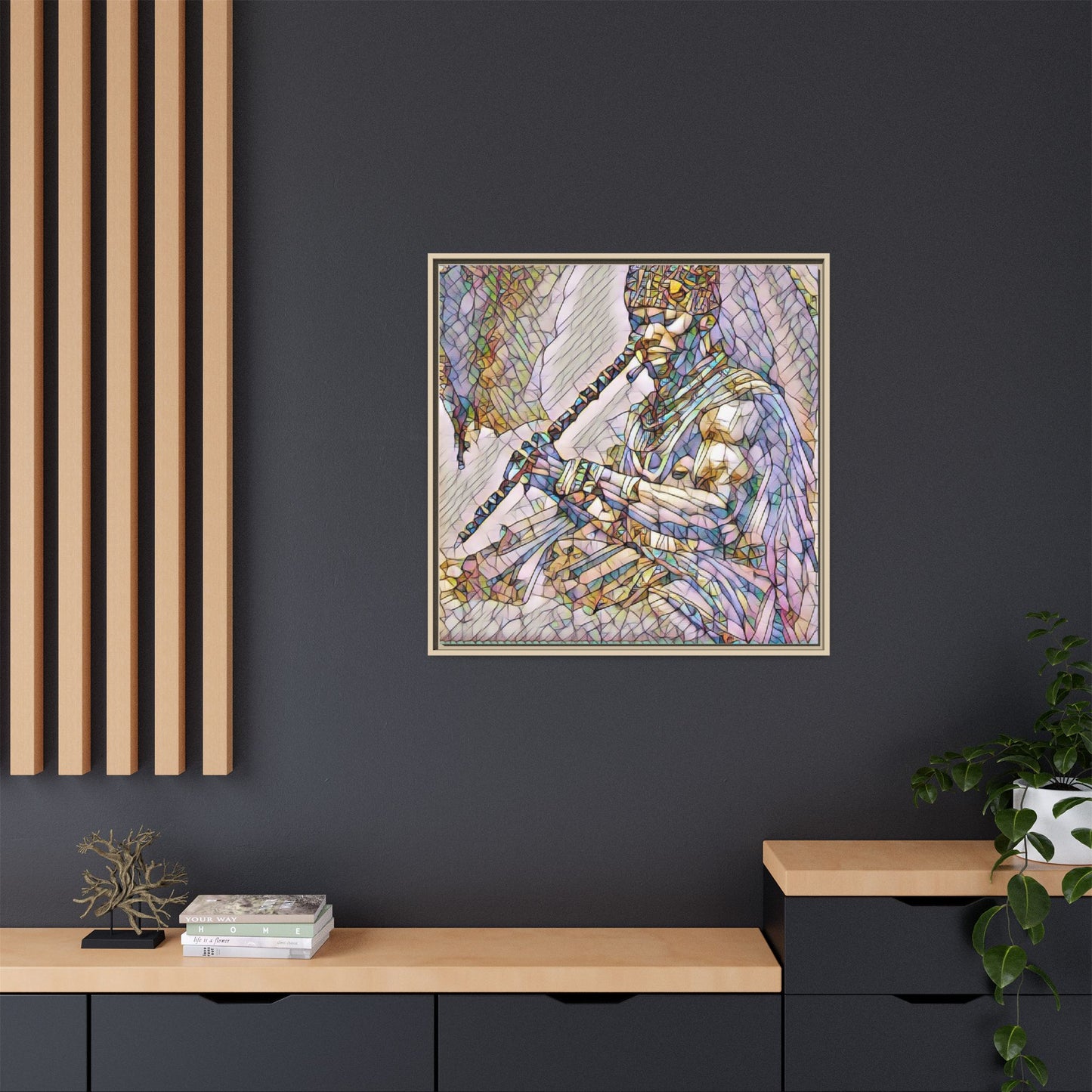 Tribal Flute Musician Stained-Glass Framed Canvas Art