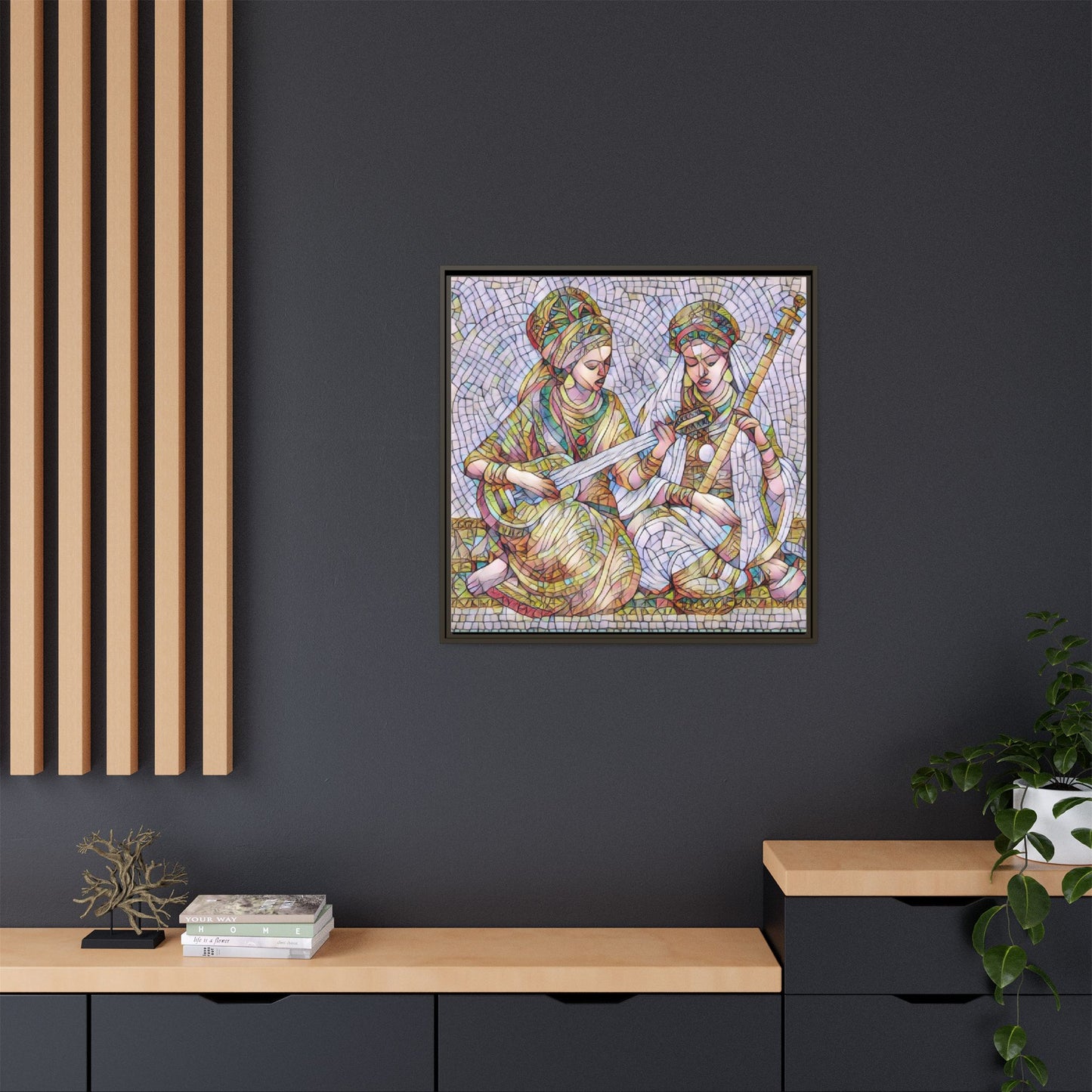 Framed Mosaic Art Print — Two Women Playing Lutes (Matte Canvas)