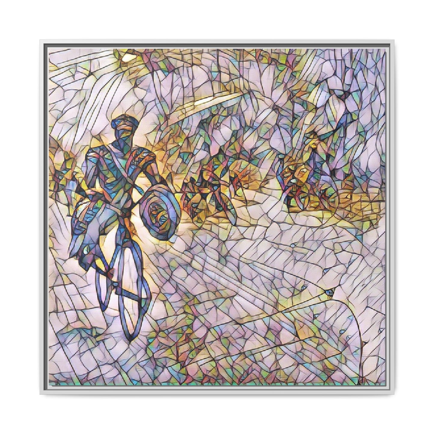 Cyclist Mosaic Matte Canvas Framed Wall Art — Colorful Biking Scene