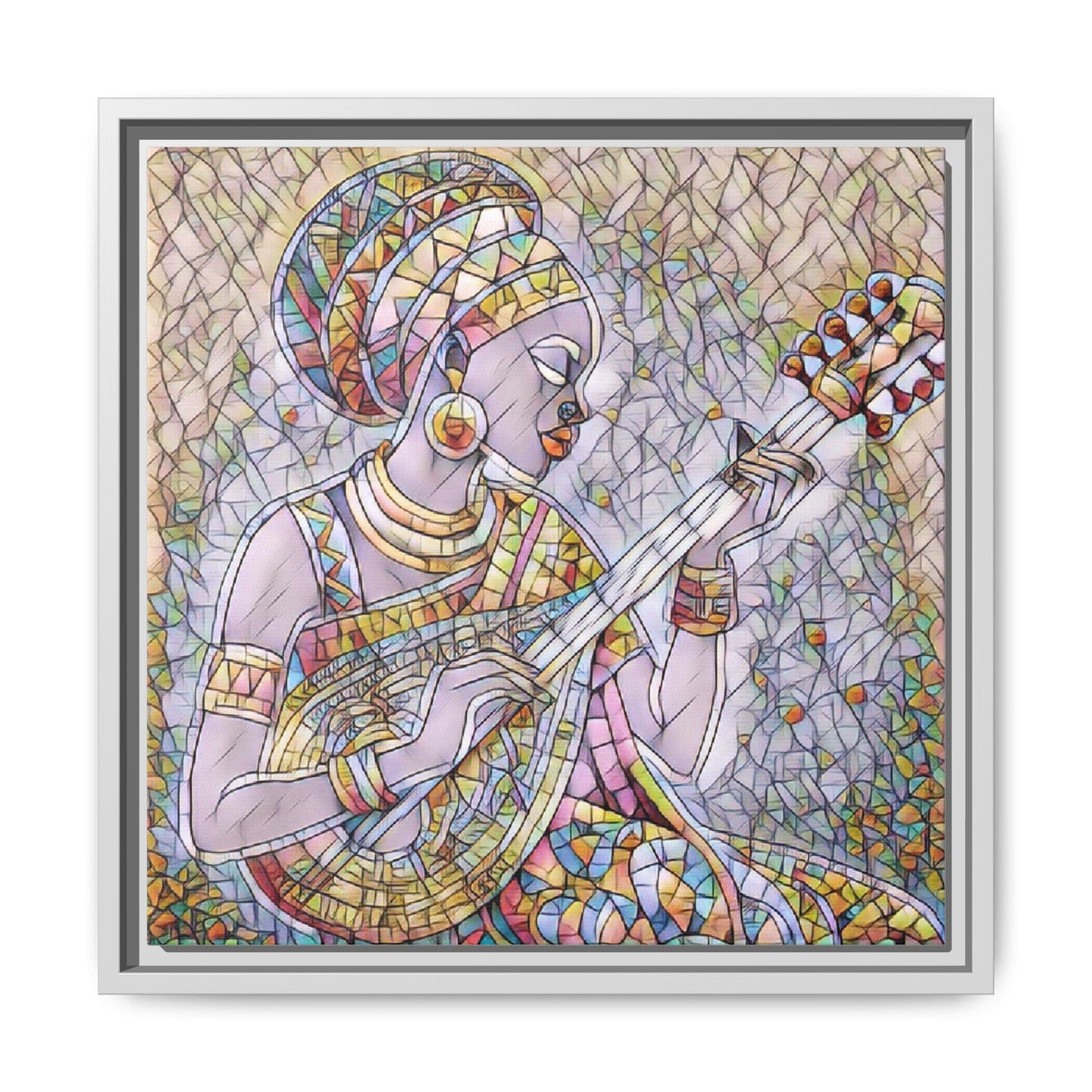 Framed Canvas Art — Colorful African Woman Playing Lute (Matte Multi‑Color)