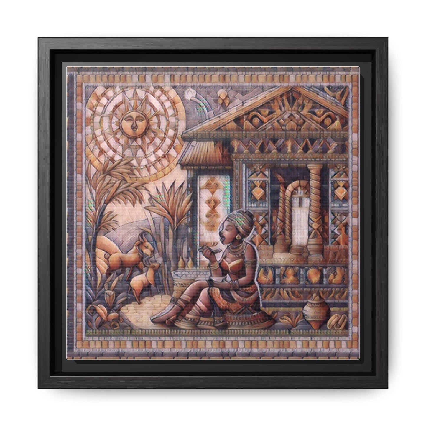 Egyptian Goddess Mosaic Framed Canvas Art — Colorful Ancient Ritual Wall Decor