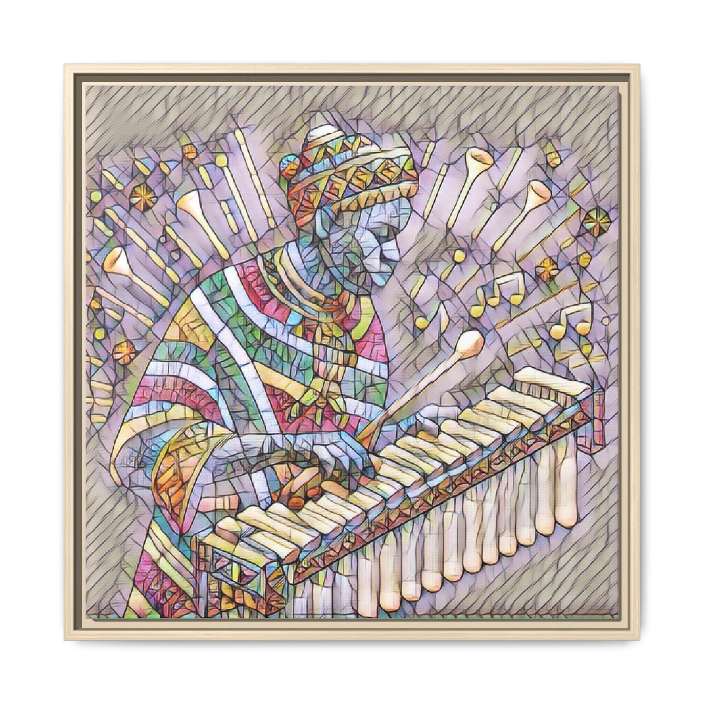 Colorful Marimba Musician Matte Framed Canvas — Vibrant African Instrument Wall Art