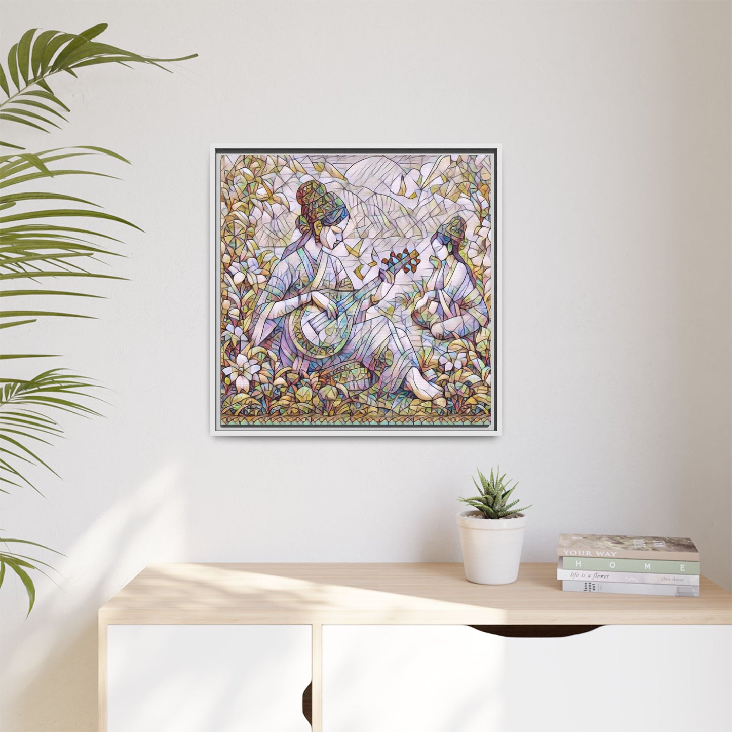 Framed Matte Canvas Art - Vintage Asian Musicians Floral Illustration