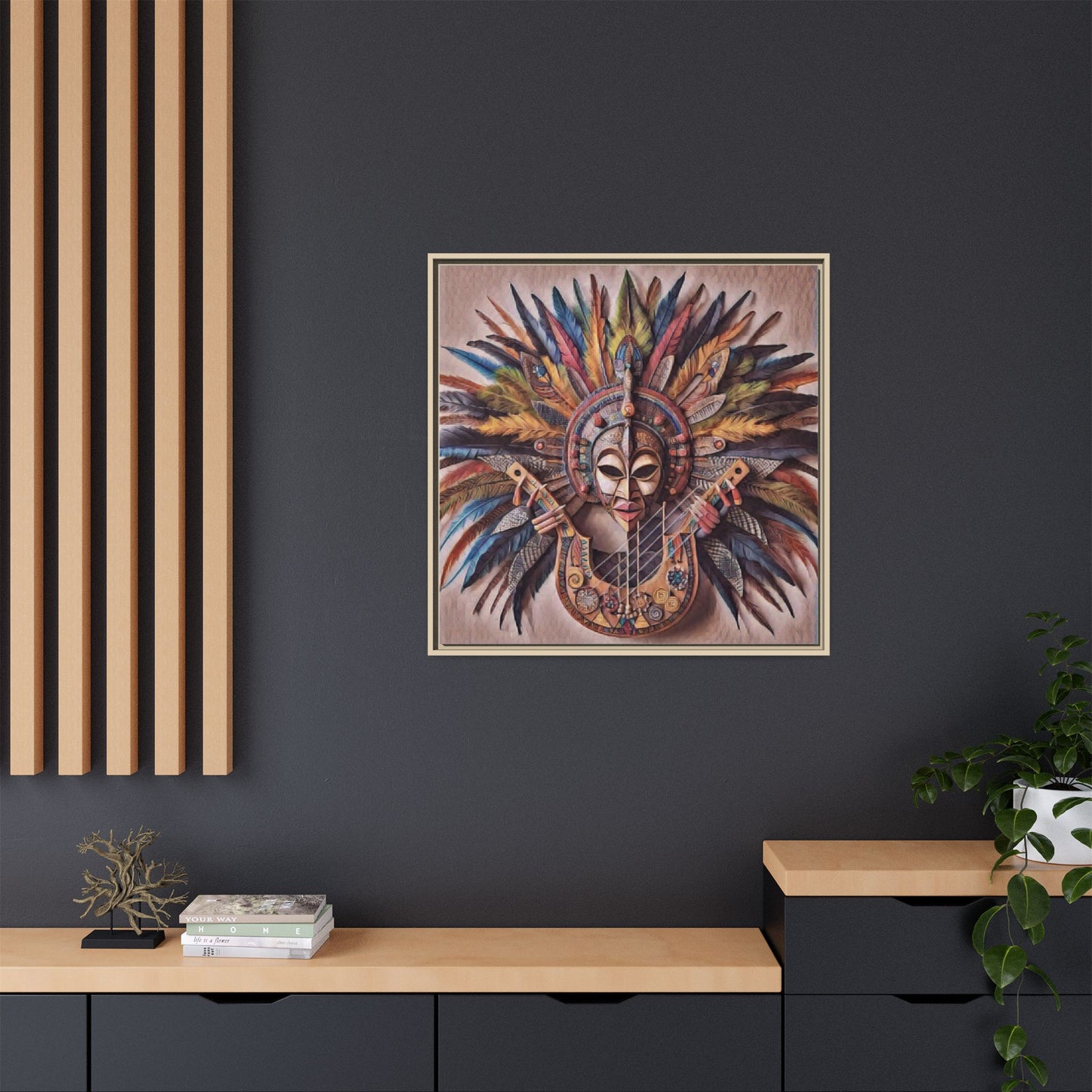 Tribal Feather Mask Guitar Framed Canvas Art — Colorful Boho Wall Decor