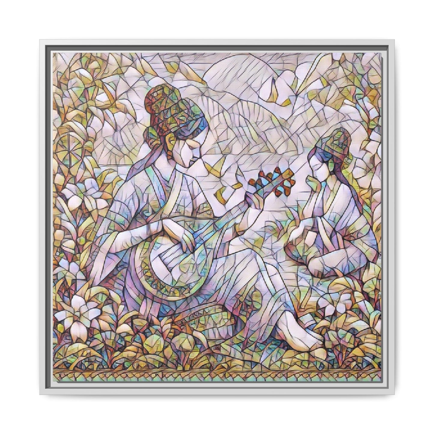 Framed Matte Canvas Art - Vintage Asian Musicians Floral Illustration