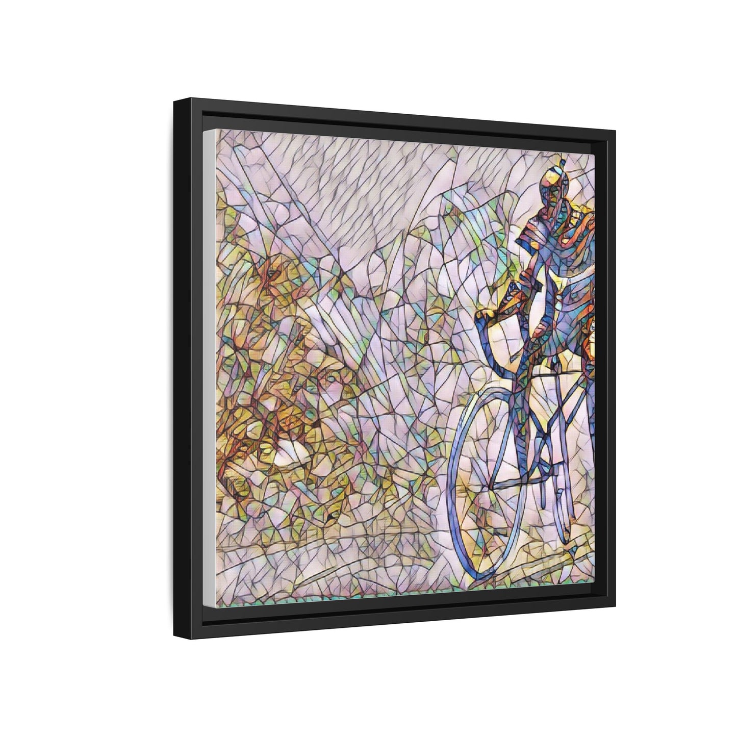 Colorful Cyclist Stained-Glass Art — Framed Matte Canvas